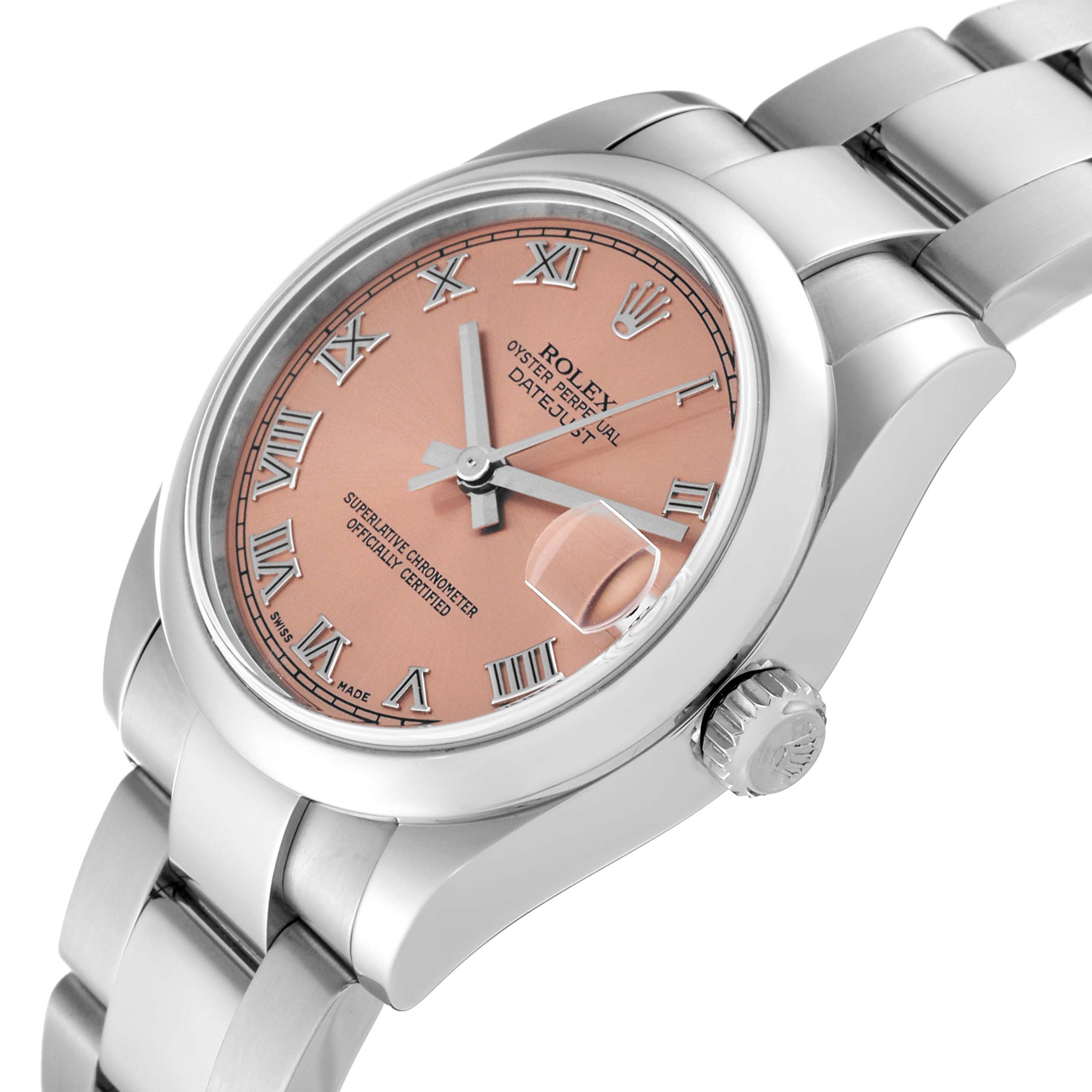 The image shows a side angle of a Rolex Mid-Size 178240 Women's Stainless Steel Pink Dial 178240 Women's Stainless Steel Pink Dial Datejust watch with a salmon-colored dial and roman numerals.