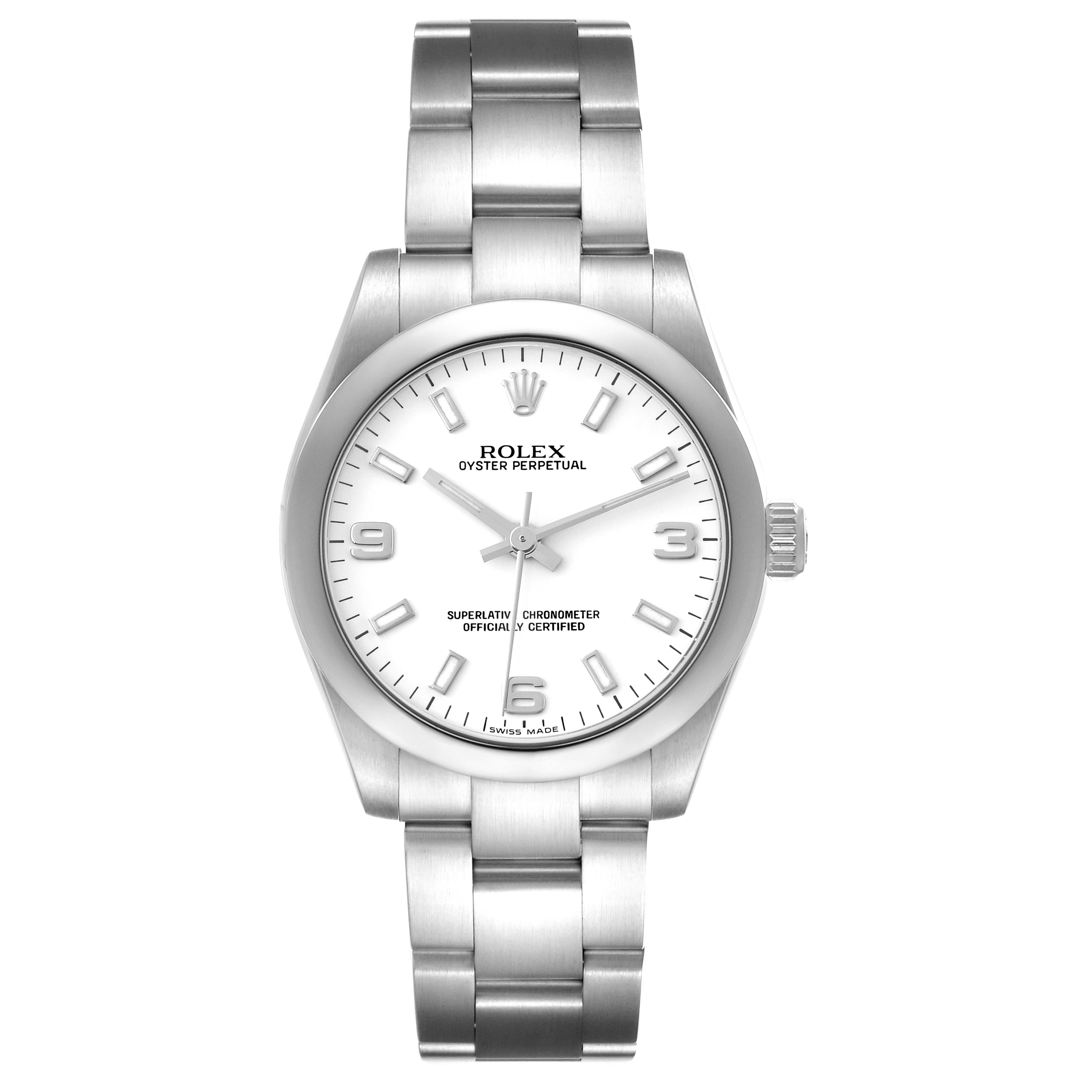 The image shows a front view of a Rolex Oyster Perpetual Mid-Size watch, highlighting its face, bezel, and bracelet.