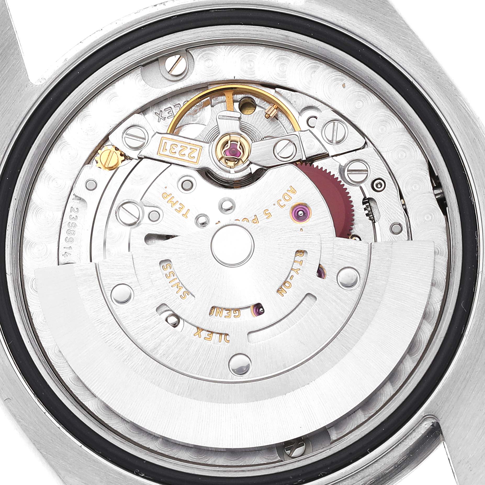 The image shows the internal mechanical movement of a Rolex Mid-Size 177200 Women's Stainless Steel White Dial 177200 Women's Stainless Steel White Dial watch, viewed from the case back angle.