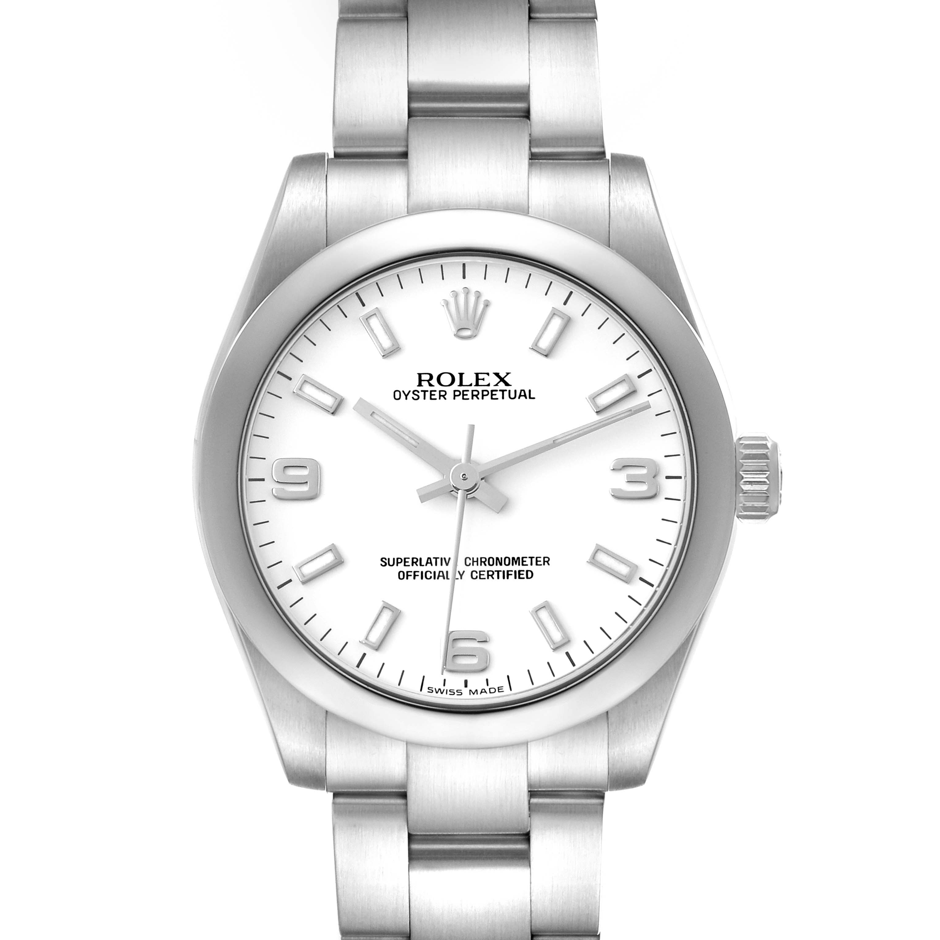 The image shows a front view of a mid-size Rolex Oyster Perpetual with a white dial and silver bracelet.