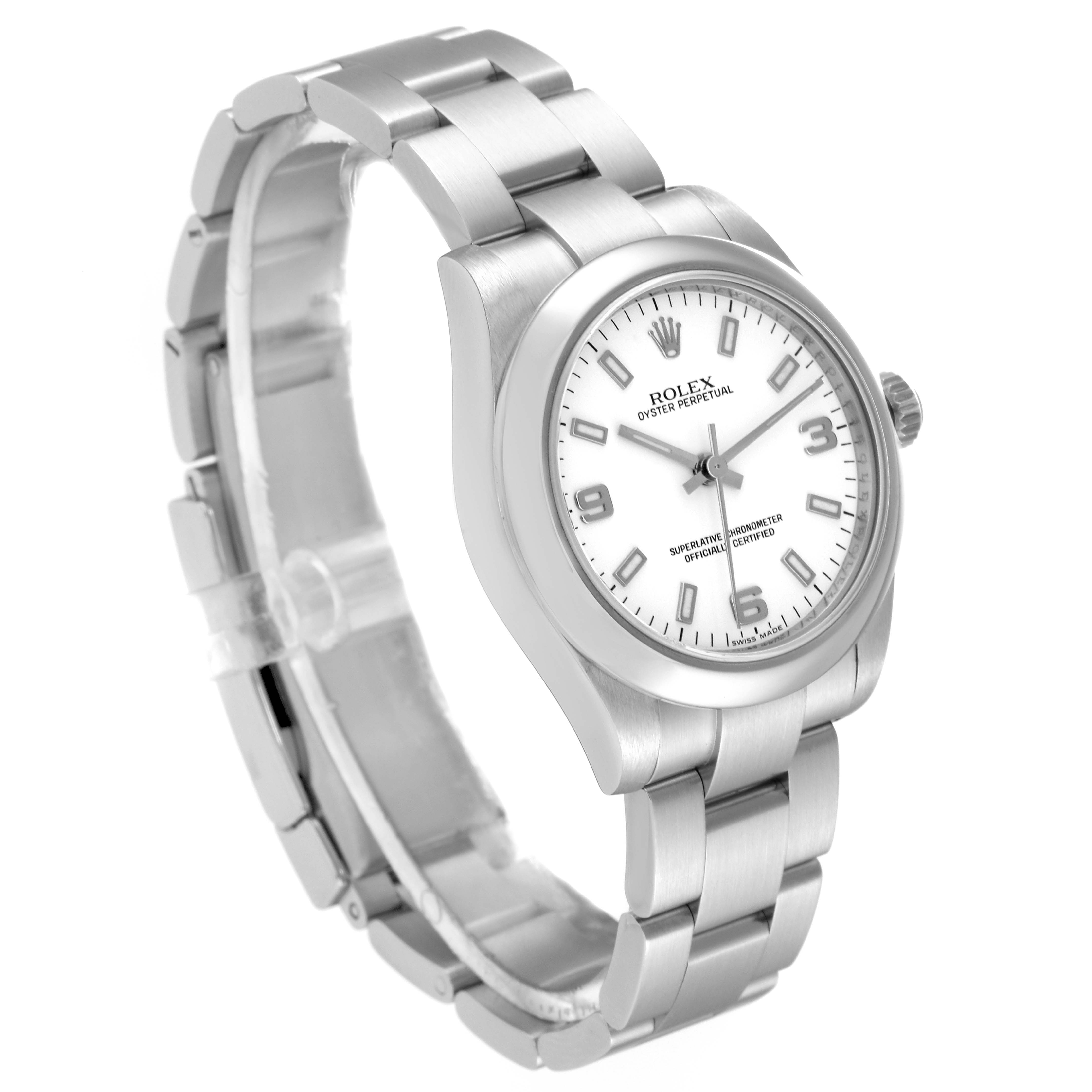 The image shows a Rolex Mid-Size 177200 Women's Stainless Steel White Dial 177200 Women's Stainless Steel White Dial Oyster Perpetual watch at an angled side view, highlighting the face, bracelet, and crown.