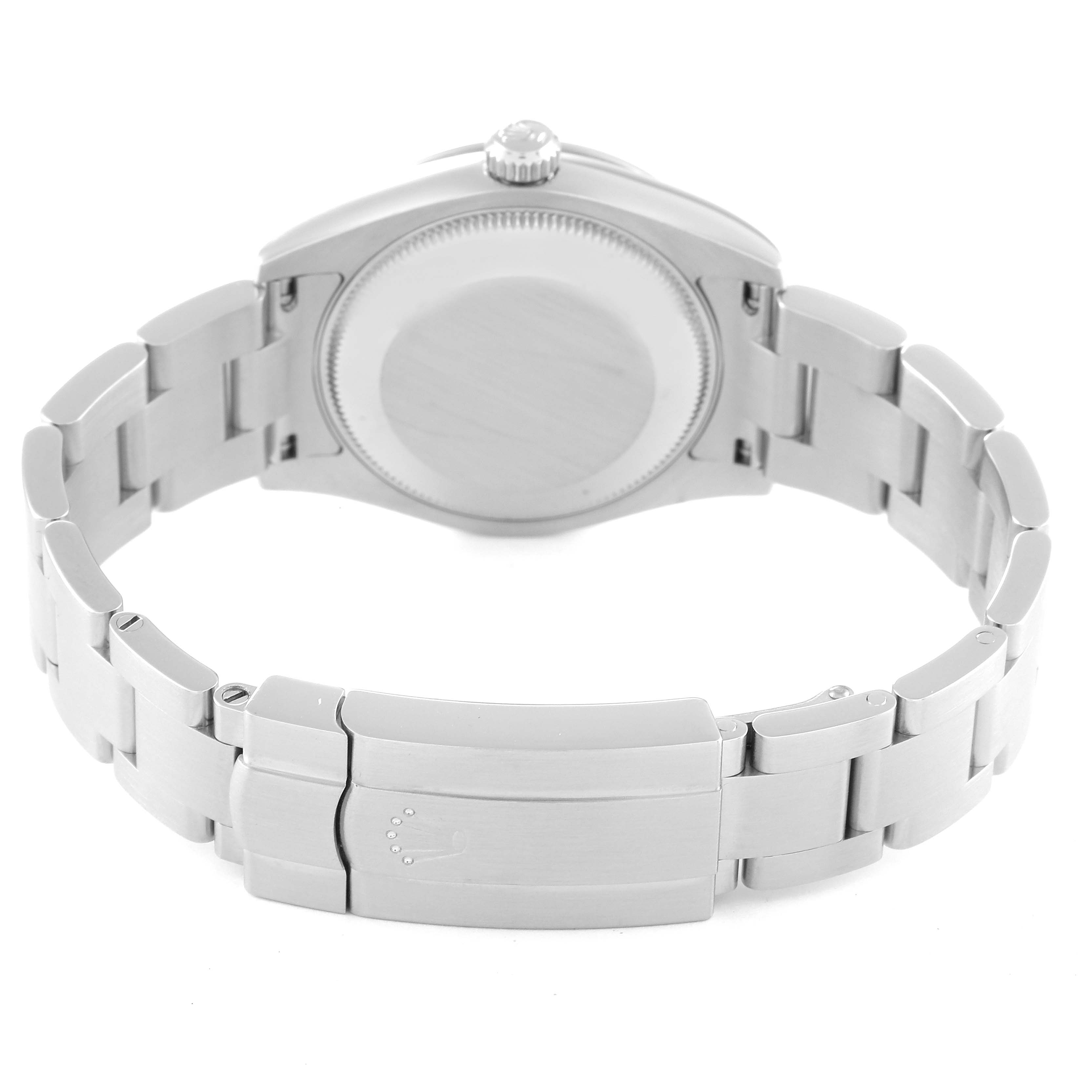 The image shows the back view of a Rolex Mid-Size 177200 Women's Stainless Steel White Dial 177200 Women's Stainless Steel White Dial watch, focusing on the case back and metal bracelet with clasp.