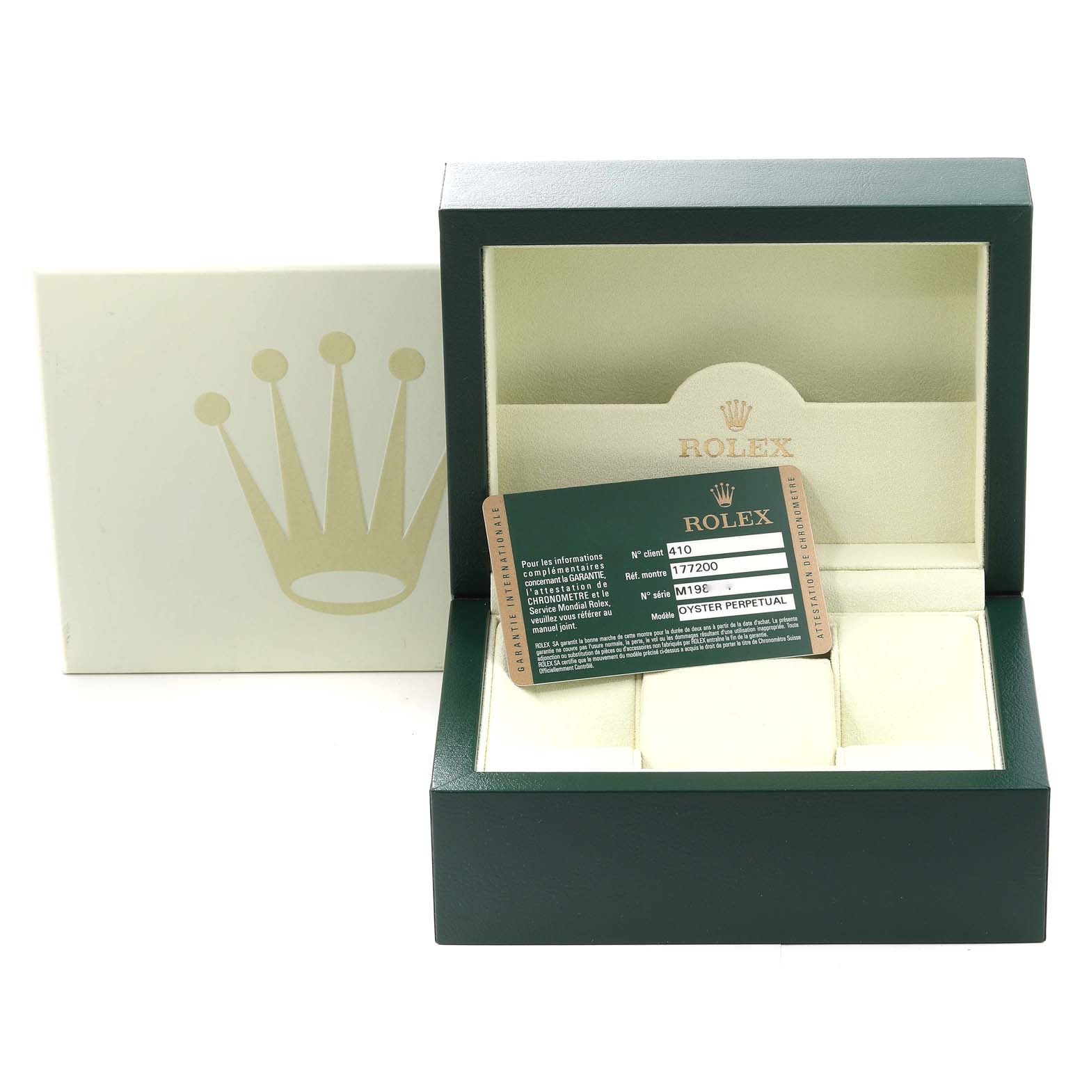 This image shows a Rolex Mid-Size 177200 Women's Stainless Steel White Dial 177200 Women's Stainless Steel White Dial watch box with an open lid, displaying the warranty card in front.