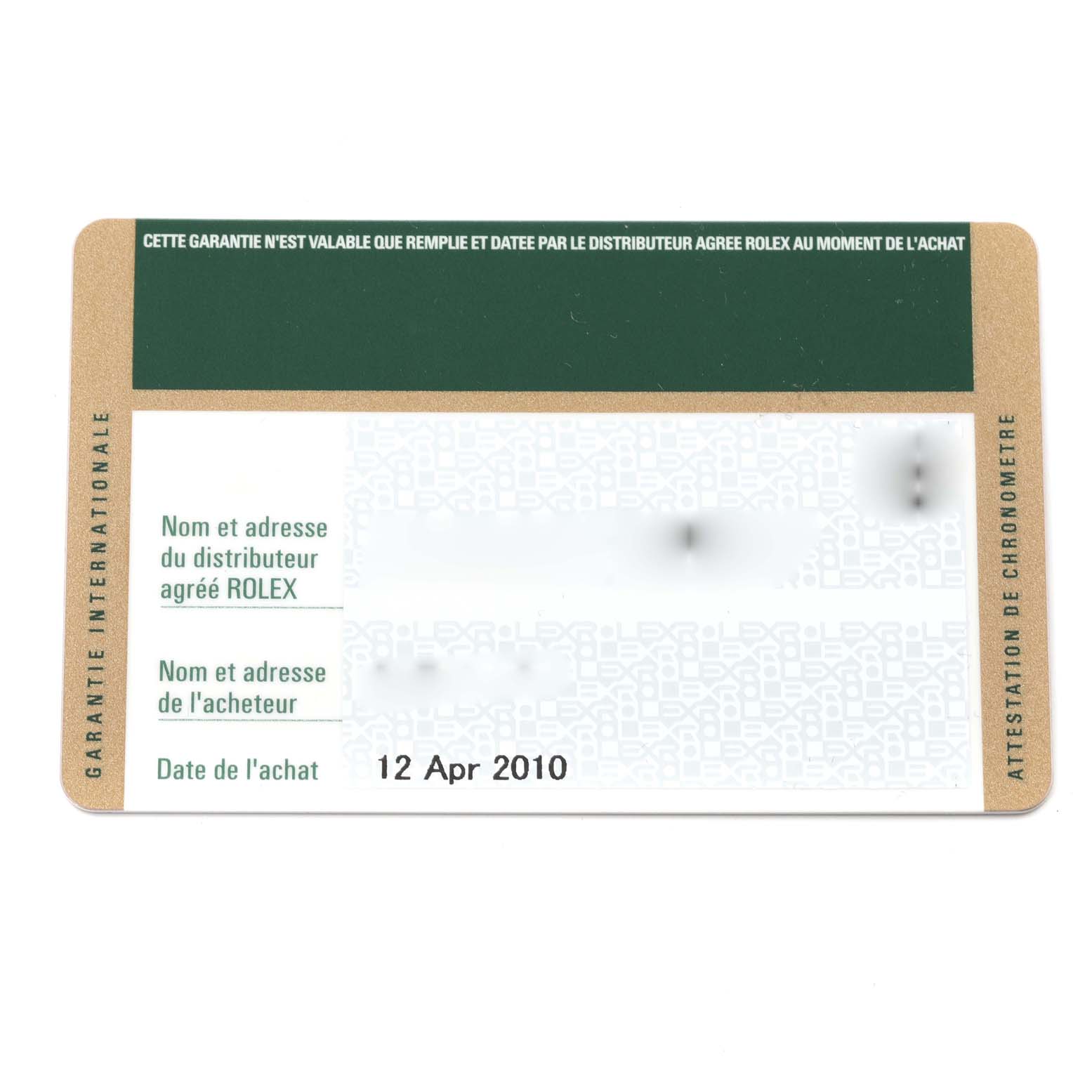 This image shows a warranty card for a Rolex Mid-Size 177200 Women's Stainless Steel White Dial 177200 Women's Stainless Steel White Dial model, including the purchase date and distributor information.