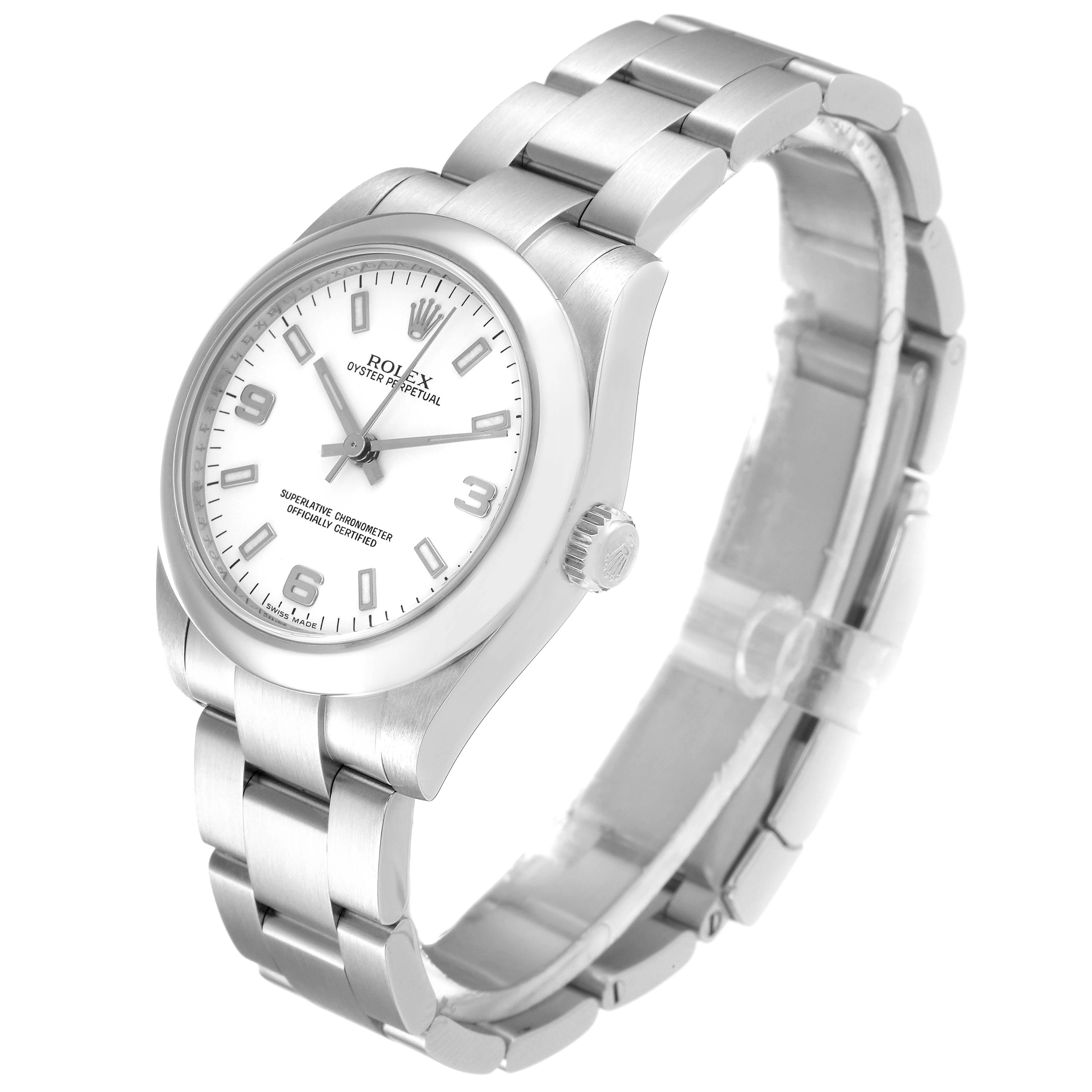This image shows a Mid-Size Rolex Oyster Perpetual watch at a slight angle, revealing the face, crown, and part of the bracelet.