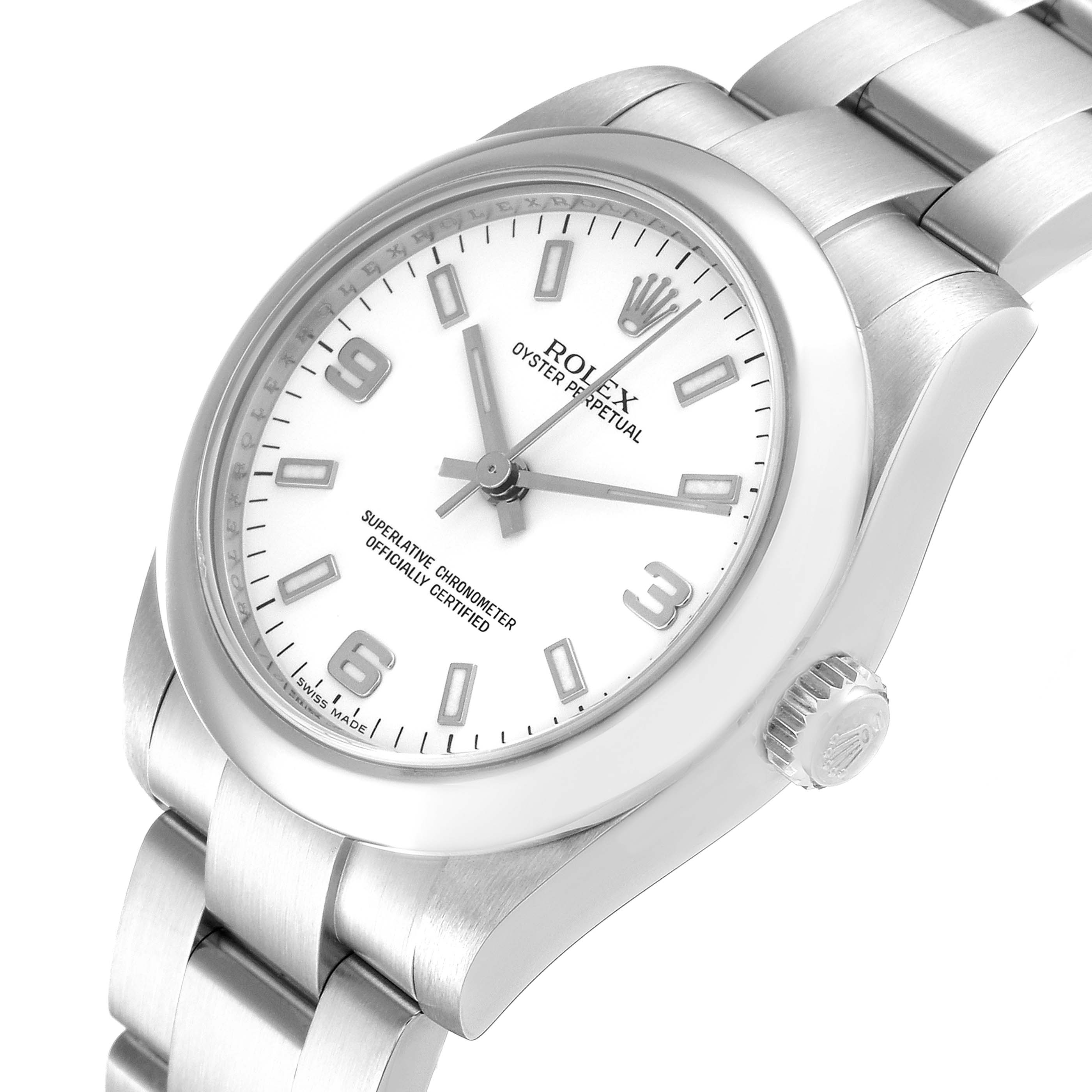 This image shows the Rolex Mid-Size 177200 Women's Stainless Steel White Dial 177200 Women's Stainless Steel White Dial Oyster Perpetual watch from a three-quarter angle, highlighting the dial, bezel, and bracelet.