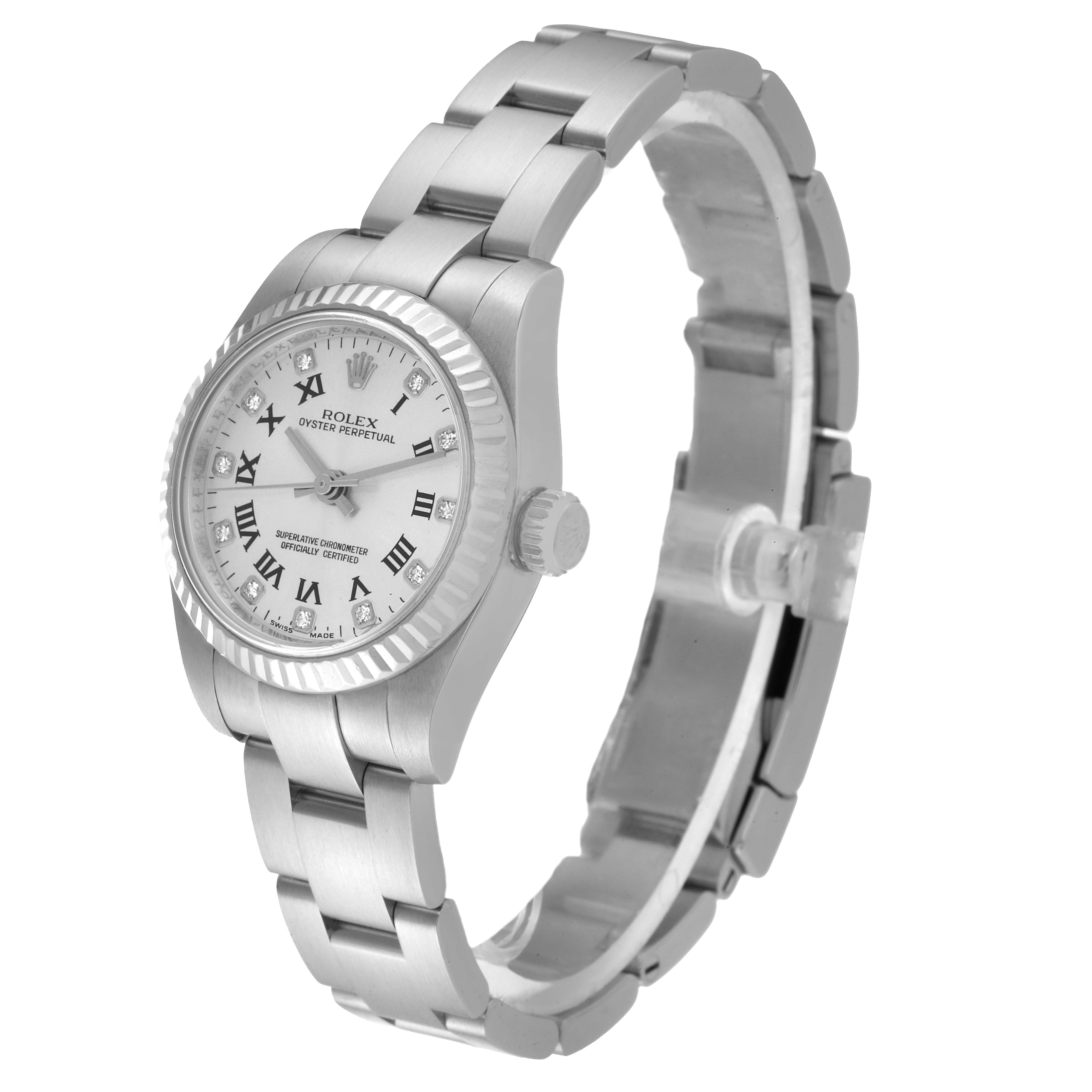 The Rolex Oyster Perpetual 176234 Women's Stainless Steel Silver Dial 176234 Women's Stainless Steel Silver Dial watch is shown at a slight angle from above, highlighting its face, bezel, and part of the bracelet.