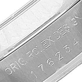 The image shows the inner section of a Rolex Oyster Perpetual 176234 Women's Stainless Steel Silver Dial 176234 Women's Stainless Steel Silver Dial watch band with an engraved serial number.