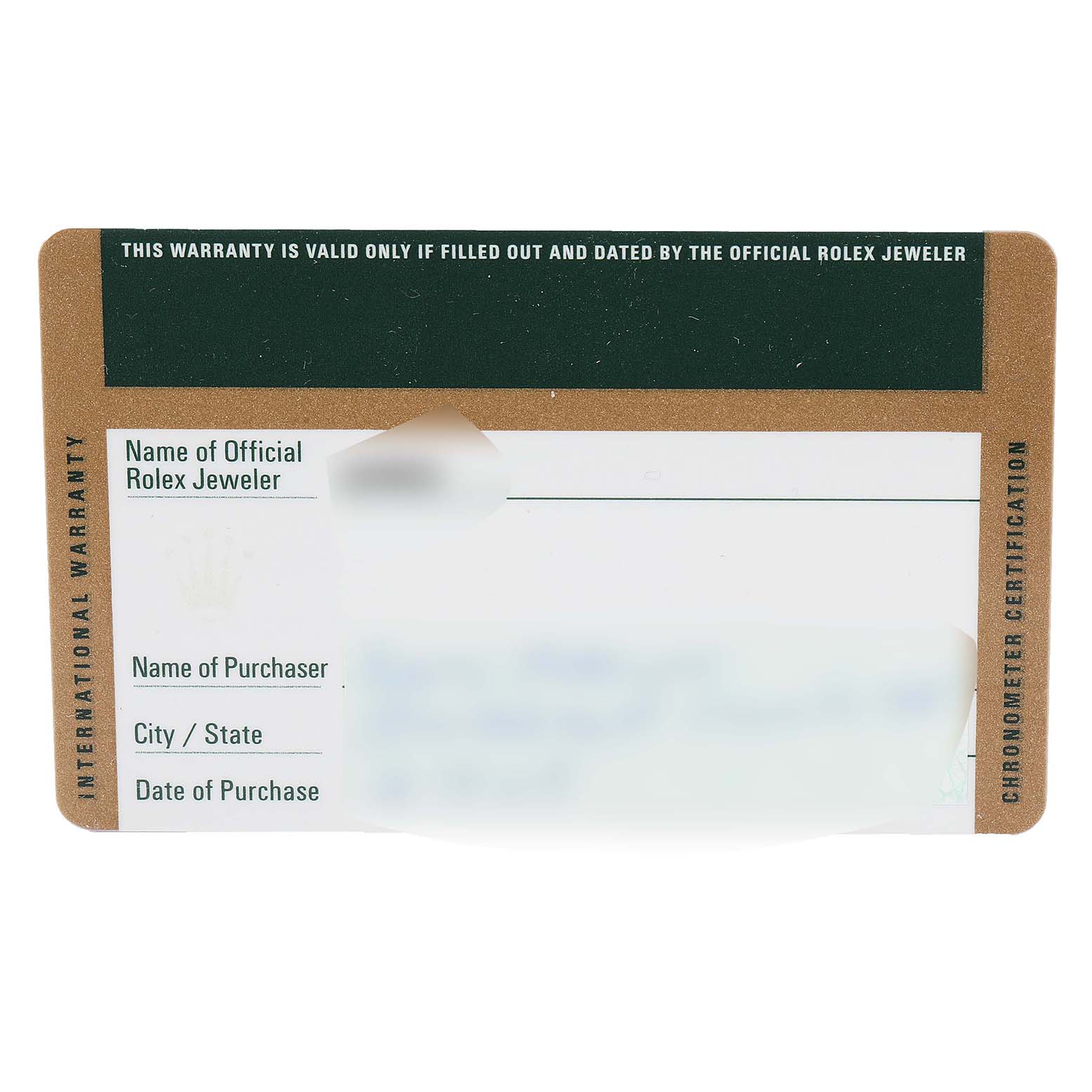 This image shows the warranty card of a Rolex Oyster Perpetual 176234 Women's Stainless Steel Silver Dial 176234 Women's Stainless Steel Silver Dial watch.