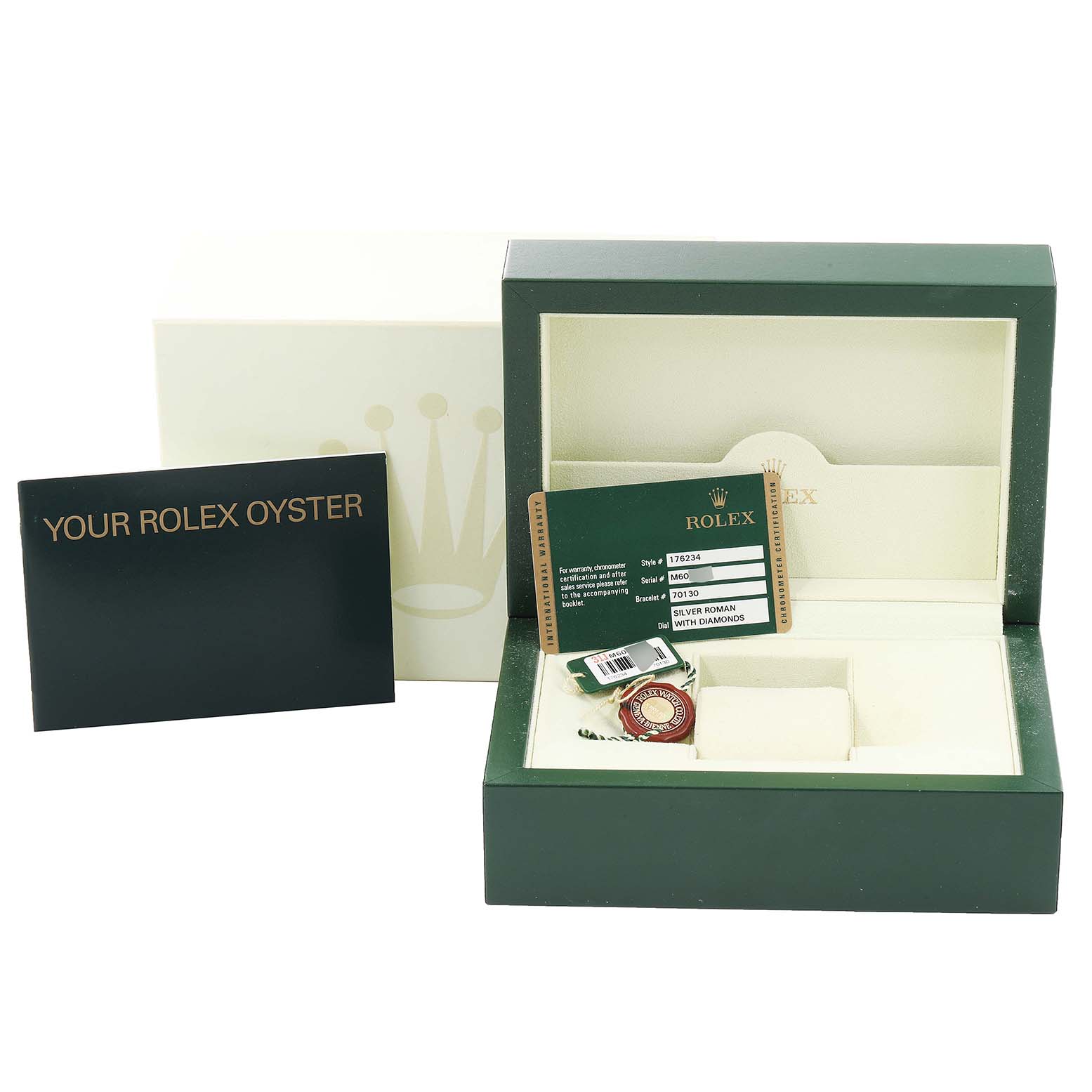 The image shows the box, tags, warranty card, and booklet for a Rolex Oyster Perpetual 176234 Women's Stainless Steel Silver Dial 176234 Women's Stainless Steel Silver Dial watch.