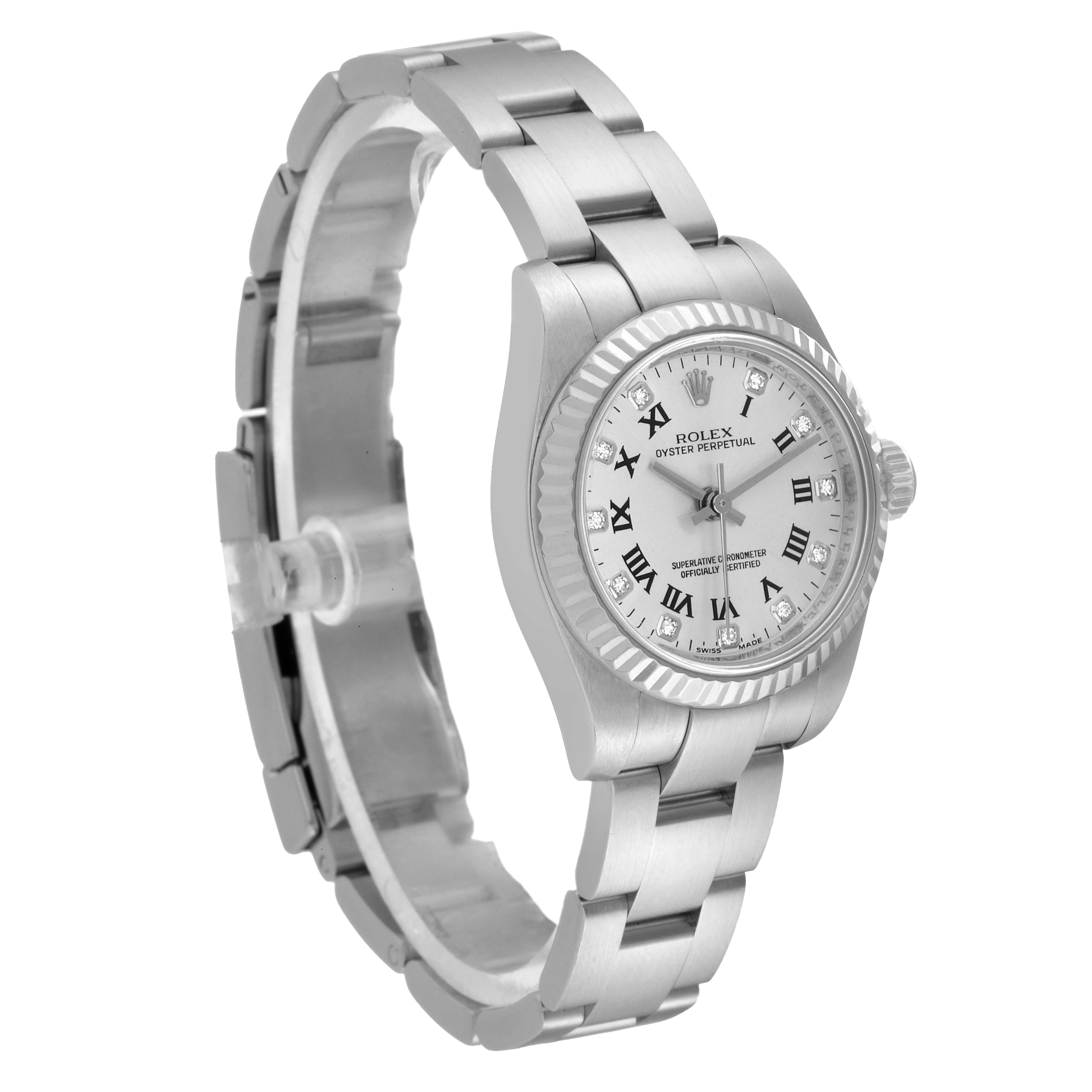 This image shows the Rolex Oyster Perpetual 176234 Women's Stainless Steel Silver Dial 176234 Women's Stainless Steel Silver Dial watch at a three-quarter angle highlighting its bracelet and dial.