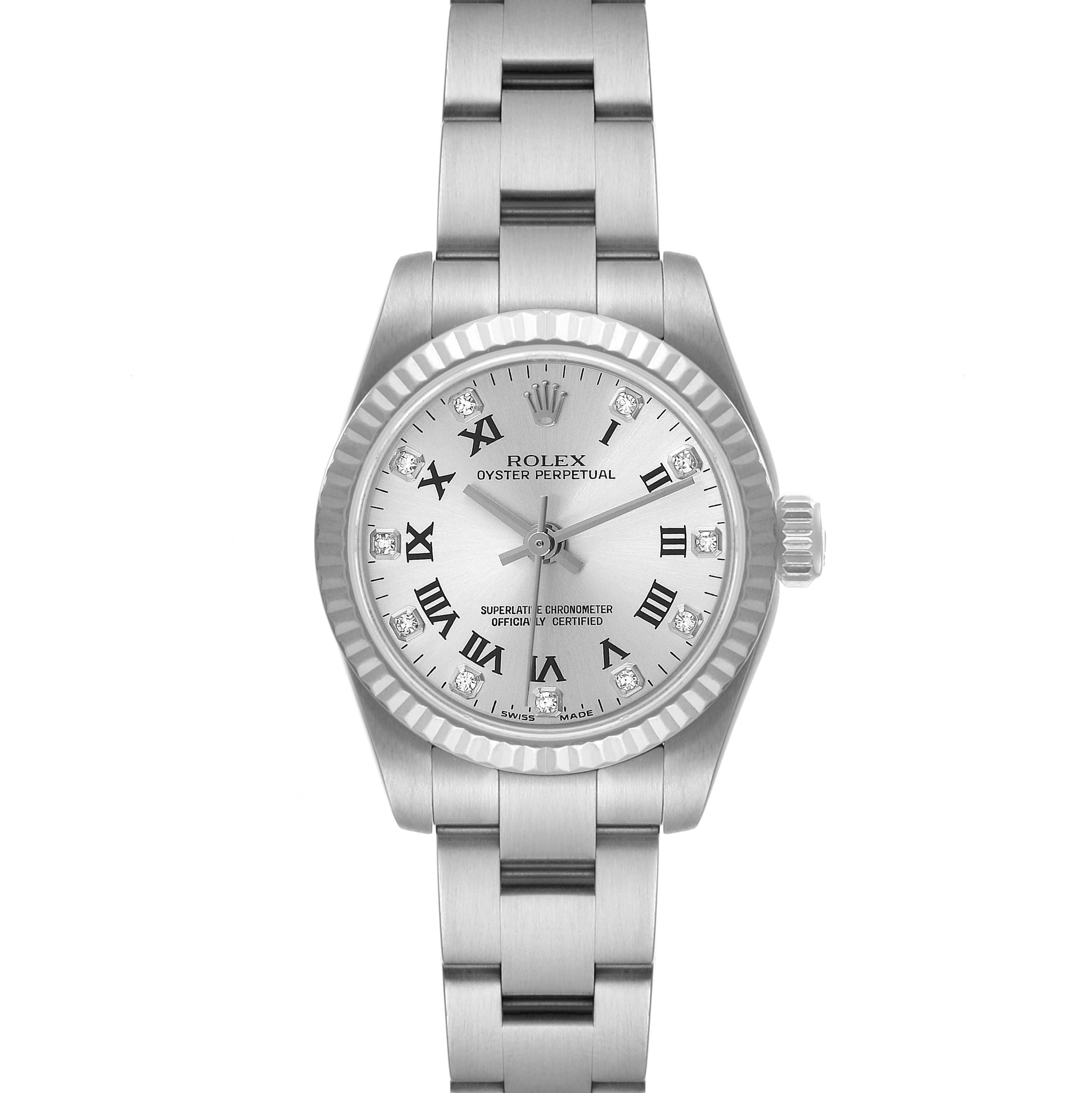 This image shows a head-on view of a Rolex Oyster Perpetual 176234 Women's Stainless Steel Silver Dial 176234 Women's Stainless Steel Silver Dial watch, showcasing its face and bracelet.