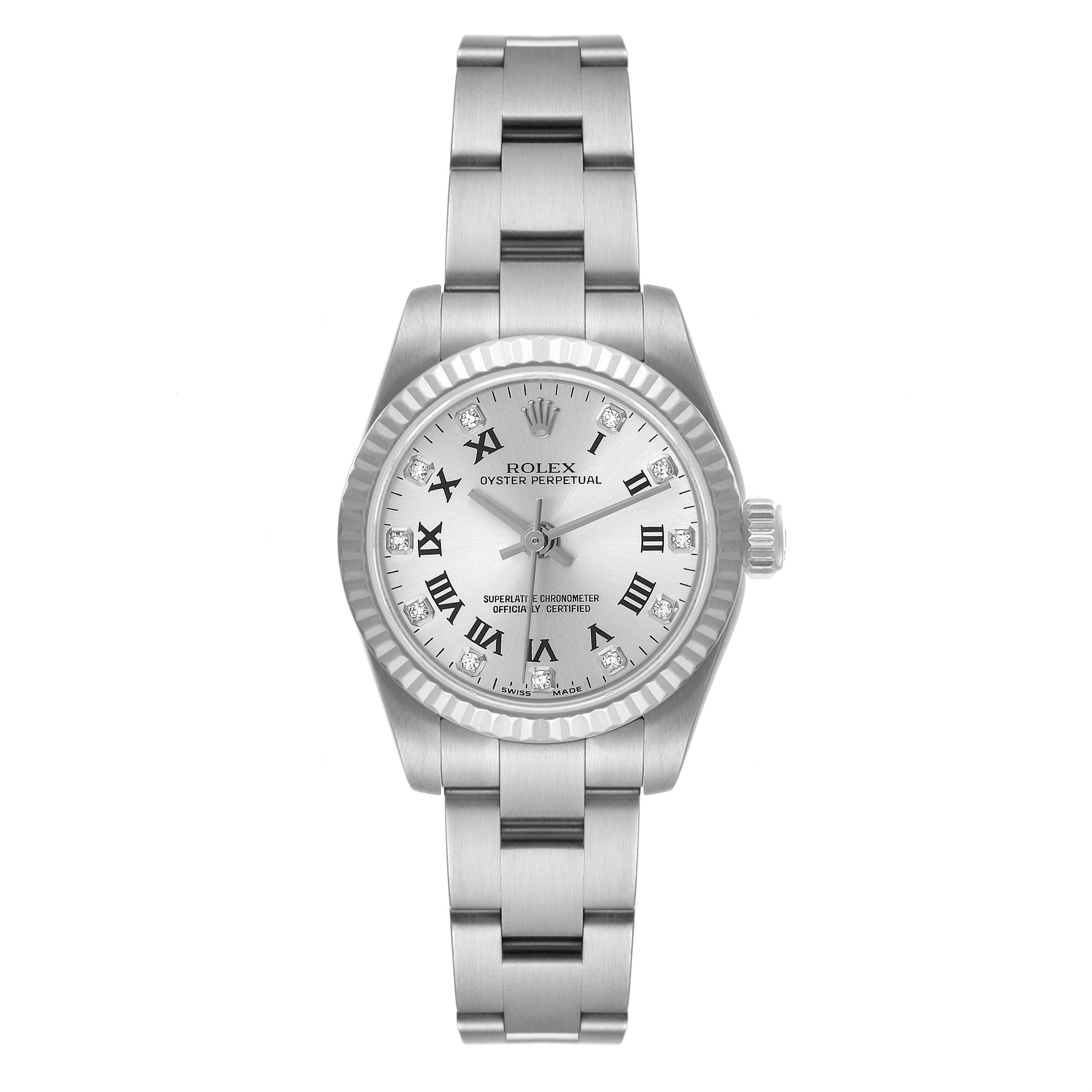 The image shows a frontal view of a Rolex Oyster Perpetual 176234 Women's Stainless Steel Silver Dial 176234 Women's Stainless Steel Silver Dial watch, highlighting the dial, bezel, and bracelet.