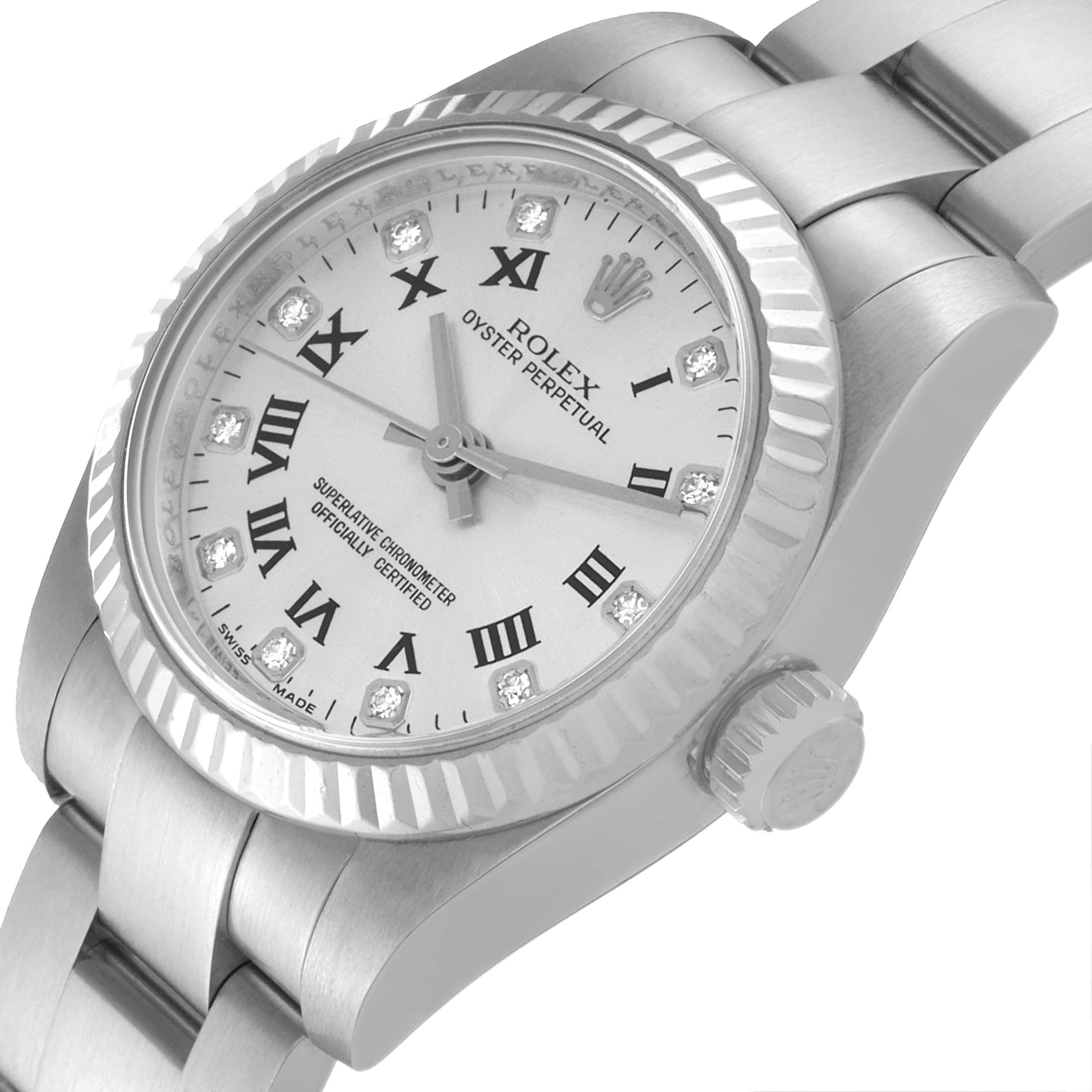 This image shows a Rolex Oyster Perpetual 176234 Women's Stainless Steel Silver Dial 176234 Women's Stainless Steel Silver Dial watch from a slightly tilted top view, highlighting the bezel, dial, and crown.