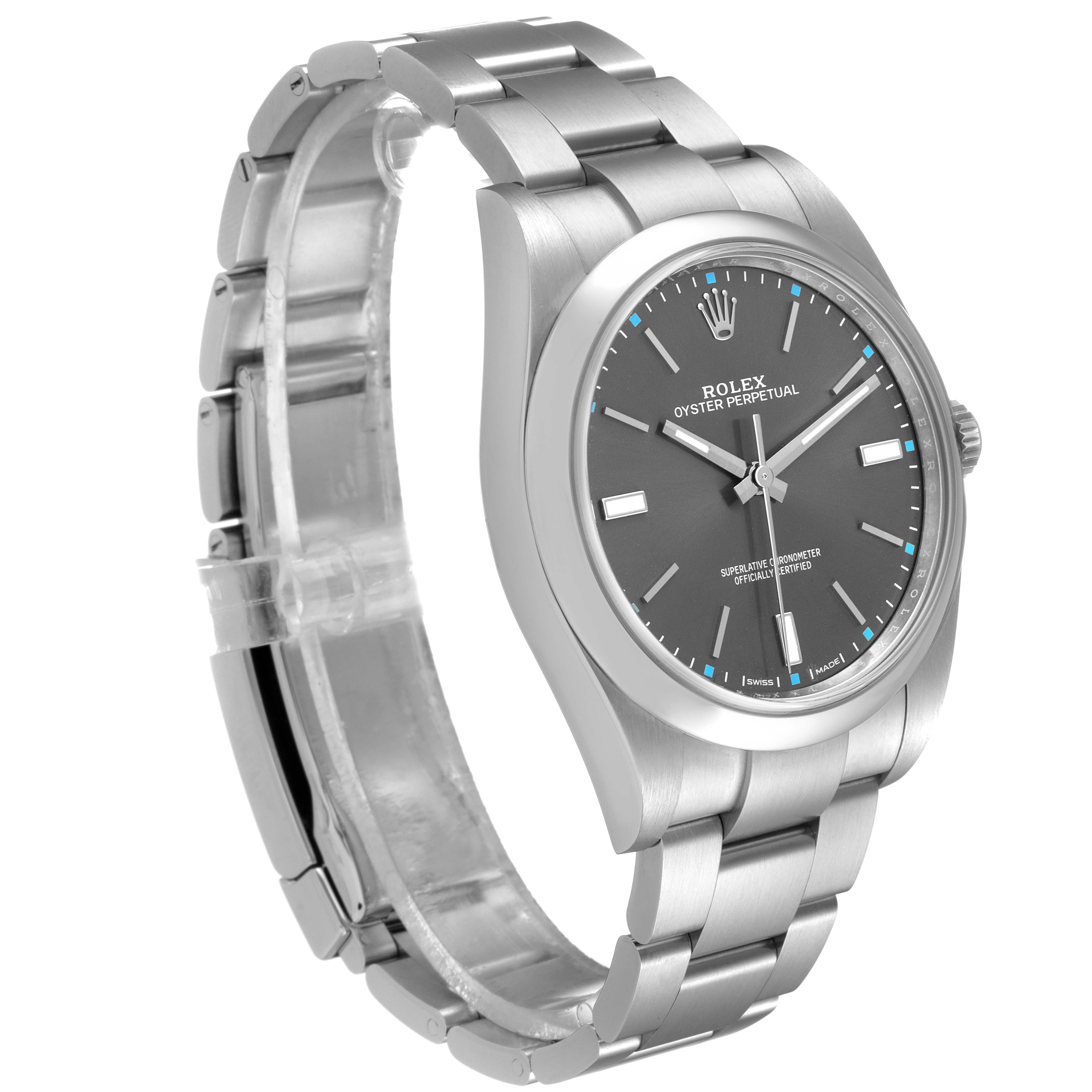 The Rolex Oyster Perpetual 114300 Men's Stainless Steel Silver Dial 114300 Men's Stainless Steel Silver Dial watch is shown in a three-quarter view, highlighting its face, case, and bracelet.