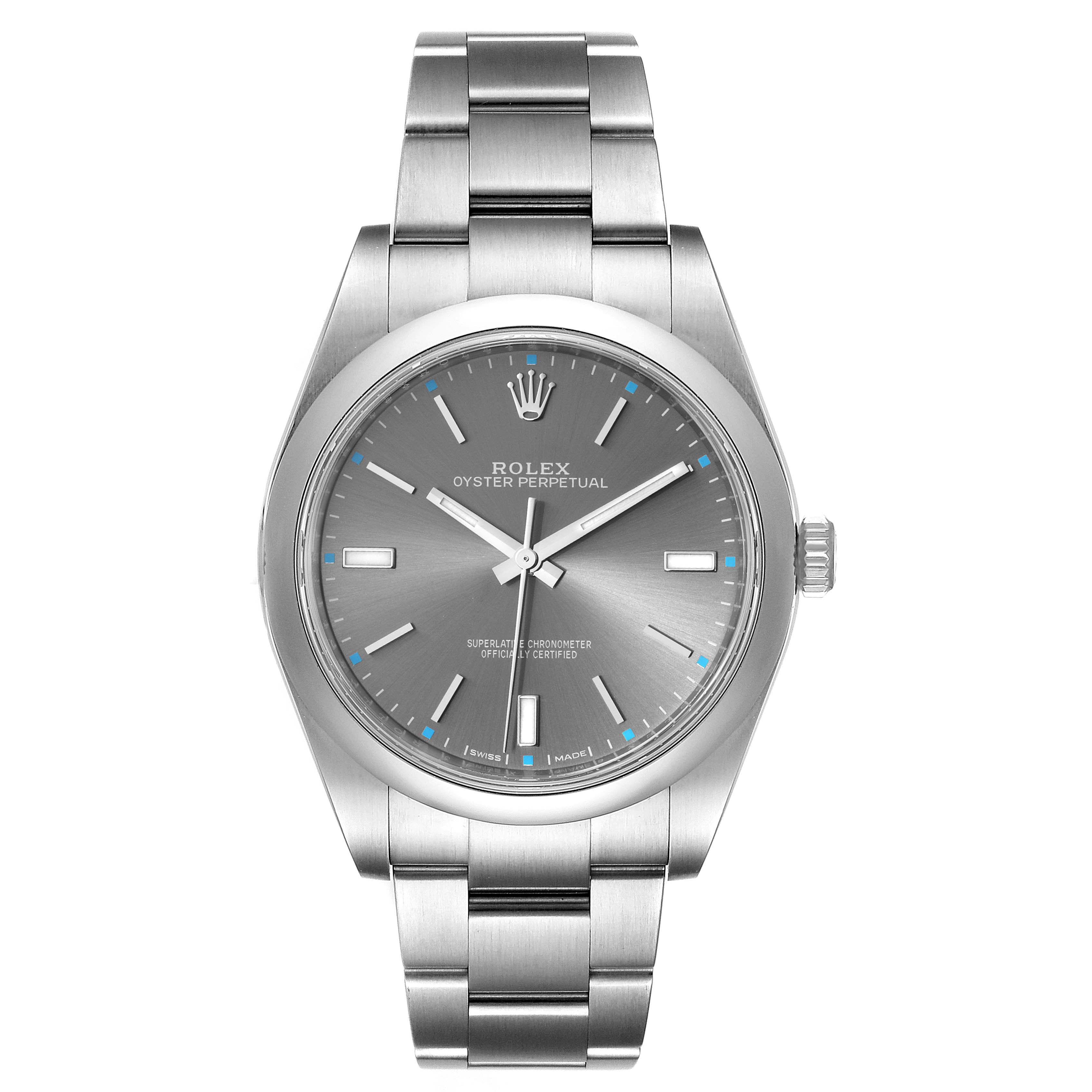 The image shows a frontal view of a Rolex Oyster Perpetual 114300 Men's Stainless Steel Silver Dial 114300 Men's Stainless Steel Silver Dial watch, highlighting its face, bezel, and bracelet.