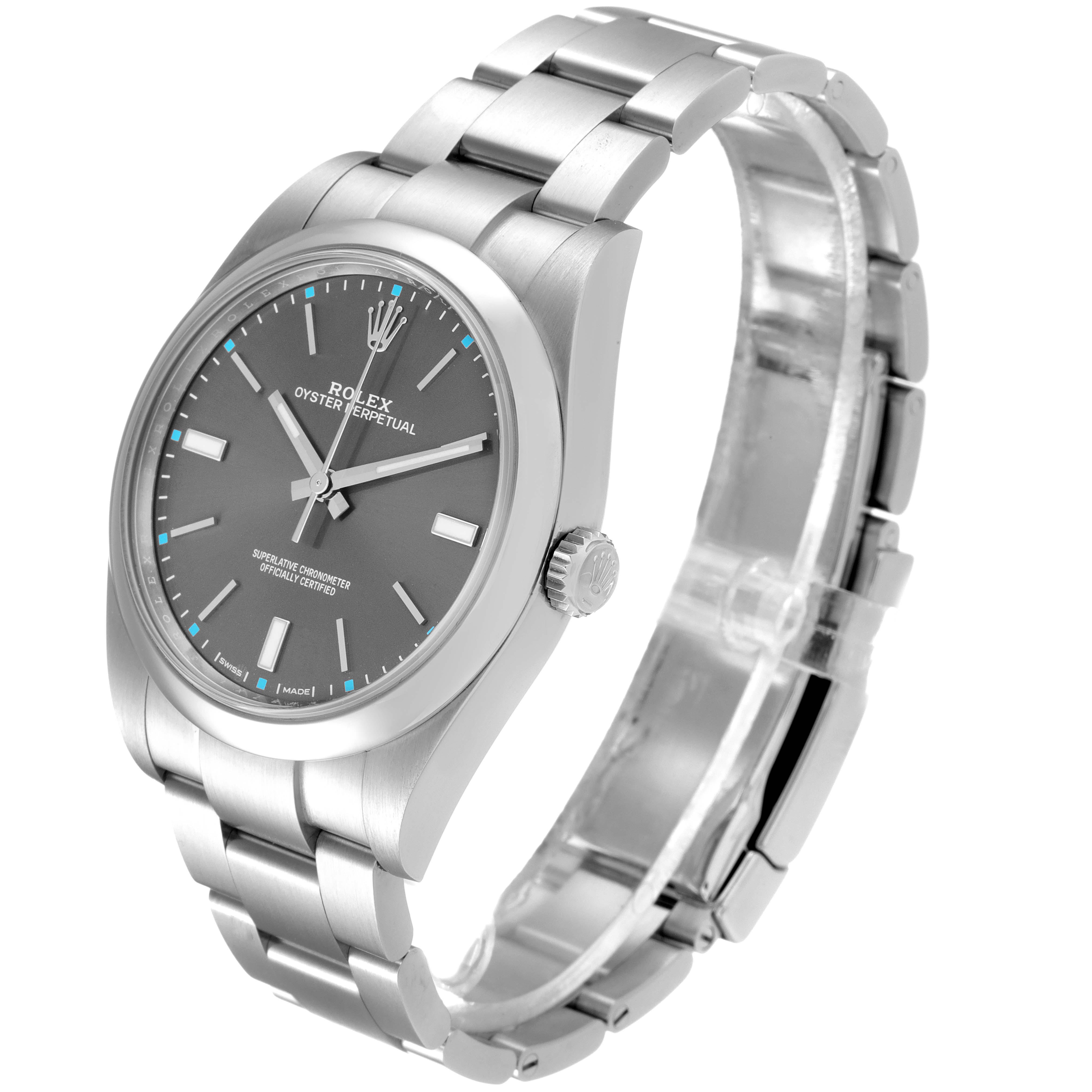 The image shows a side view of a Rolex Oyster Perpetual 114300 Men's Stainless Steel Silver Dial 114300 Men's Stainless Steel Silver Dial watch, highlighting the dial, crown, and metal bracelet.