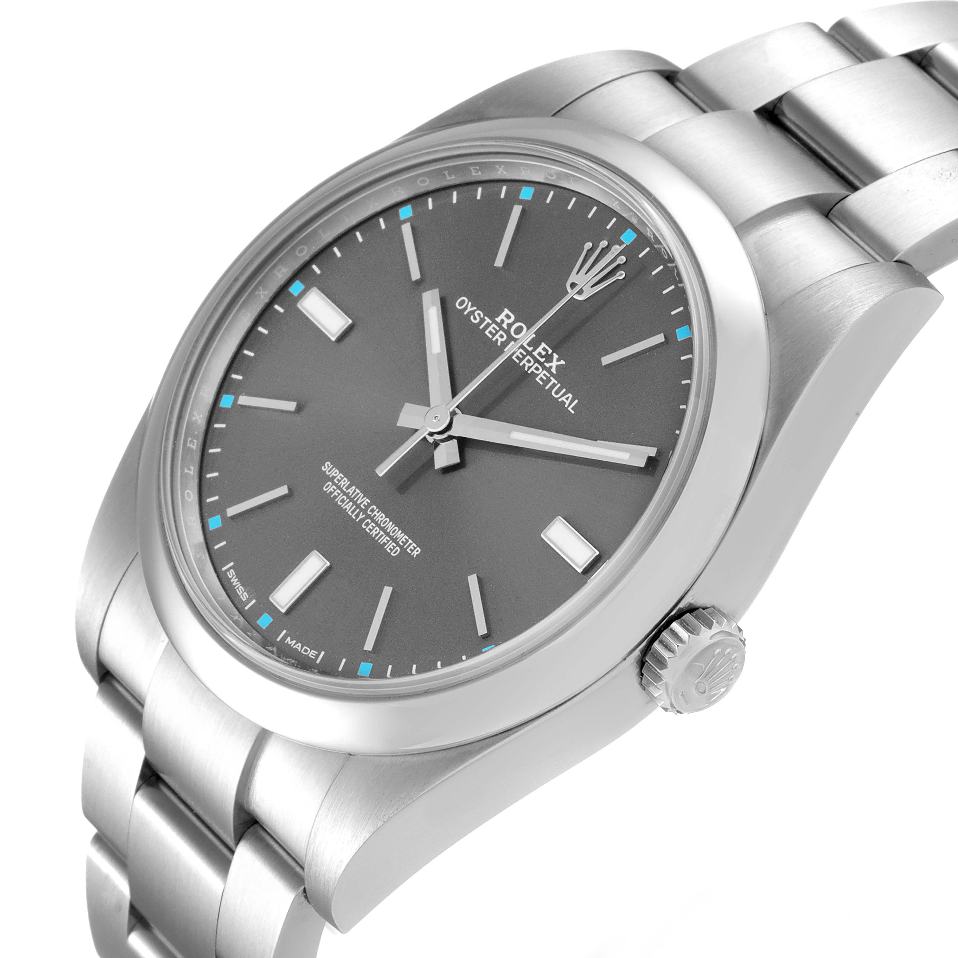 The Rolex Oyster Perpetual 114300 Men's Stainless Steel Silver Dial 114300 Men's Stainless Steel Silver Dial watch is shown from a three-quarter angle, highlighting the face, bracelet, and crown.