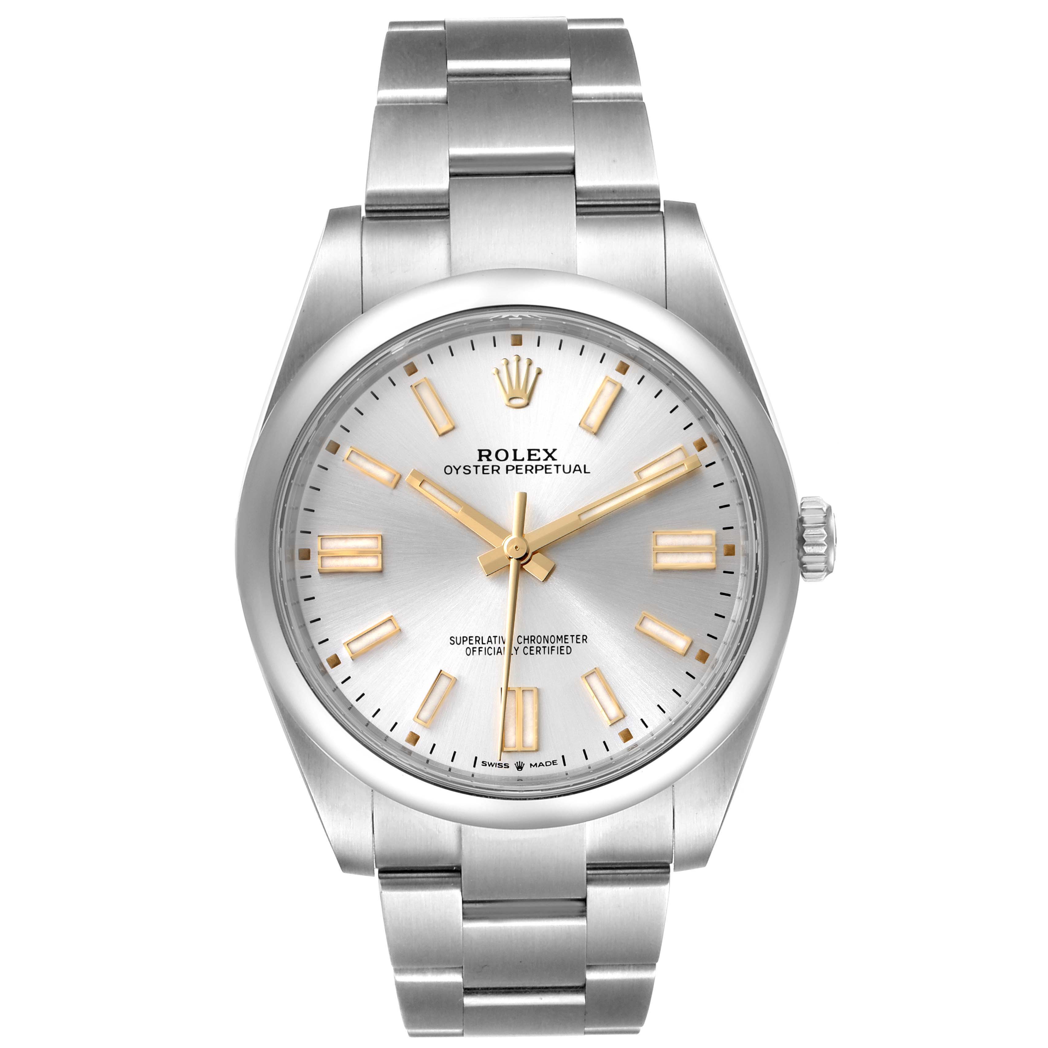 This image shows a front view of a Rolex Oyster Perpetual 124300 Men's Stainless Steel Silver Dial 124300 Men's Stainless Steel Silver Dial watch, displaying its dial, hands, markers, and metal bracelet.