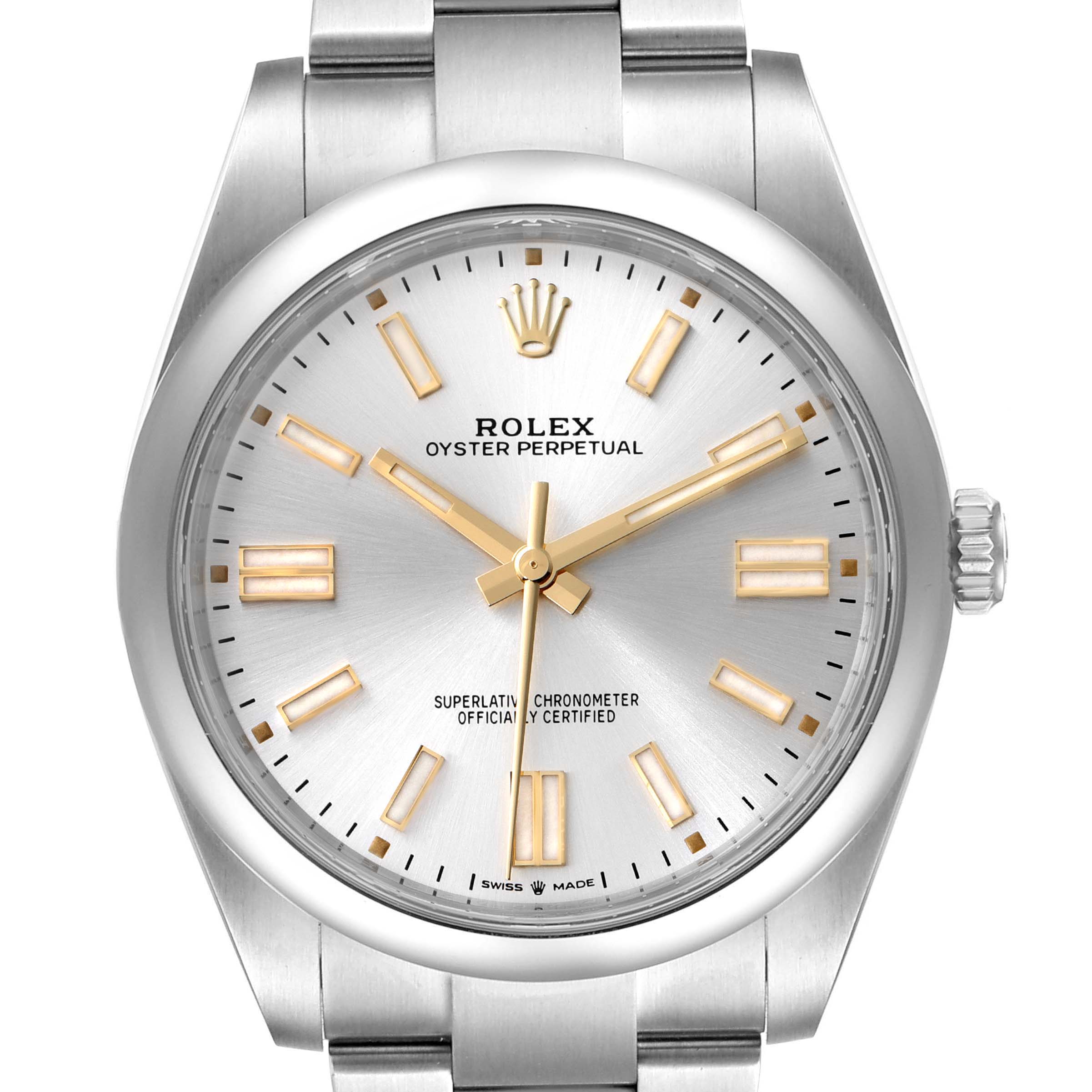 This is a close-up of a Rolex Oyster Perpetual 124300 Men's Stainless Steel Silver Dial 124300 Men's Stainless Steel Silver Dial watch, showing the dial, hands, crown, and part of the bracelet.