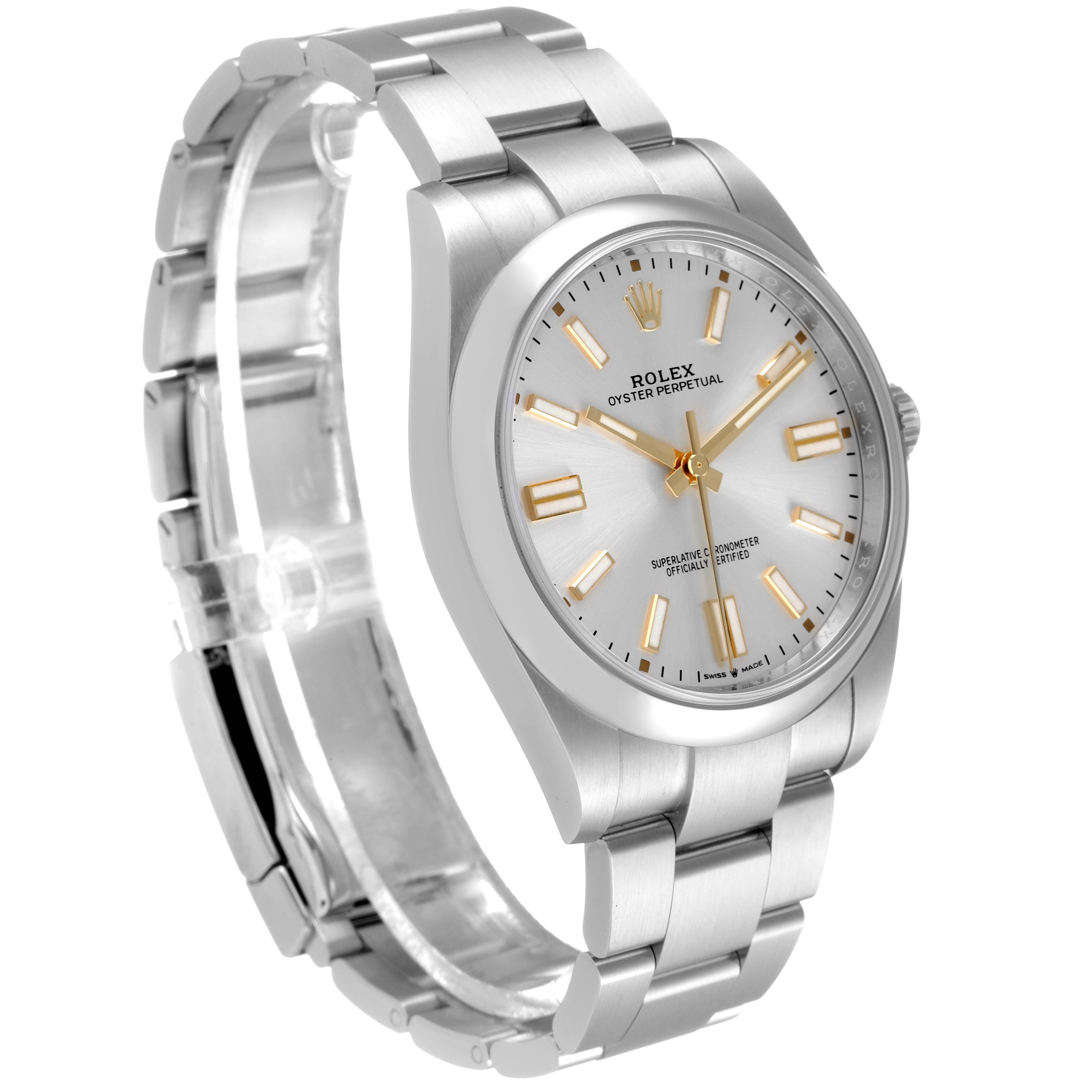 This image shows a Rolex Oyster Perpetual 124300 Men's Stainless Steel Silver Dial 124300 Men's Stainless Steel Silver Dial watch from a slightly angled side view, highlighting its dial and bracelet.