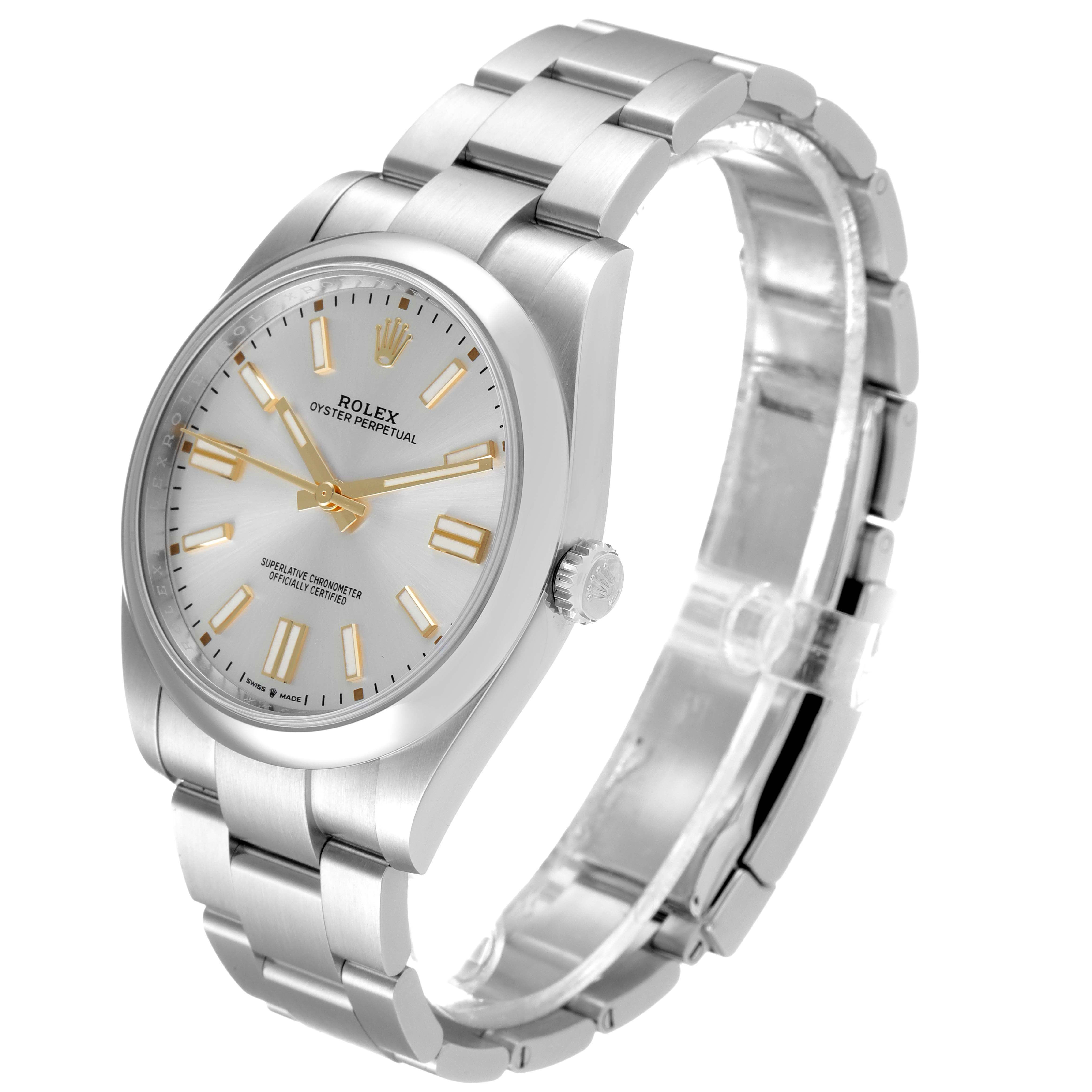 The image shows a side-angle view of the Rolex Oyster Perpetual 124300 Men's Stainless Steel Silver Dial 124300 Men's Stainless Steel Silver Dial watch, displaying its face, dial, hands, and bracelet.