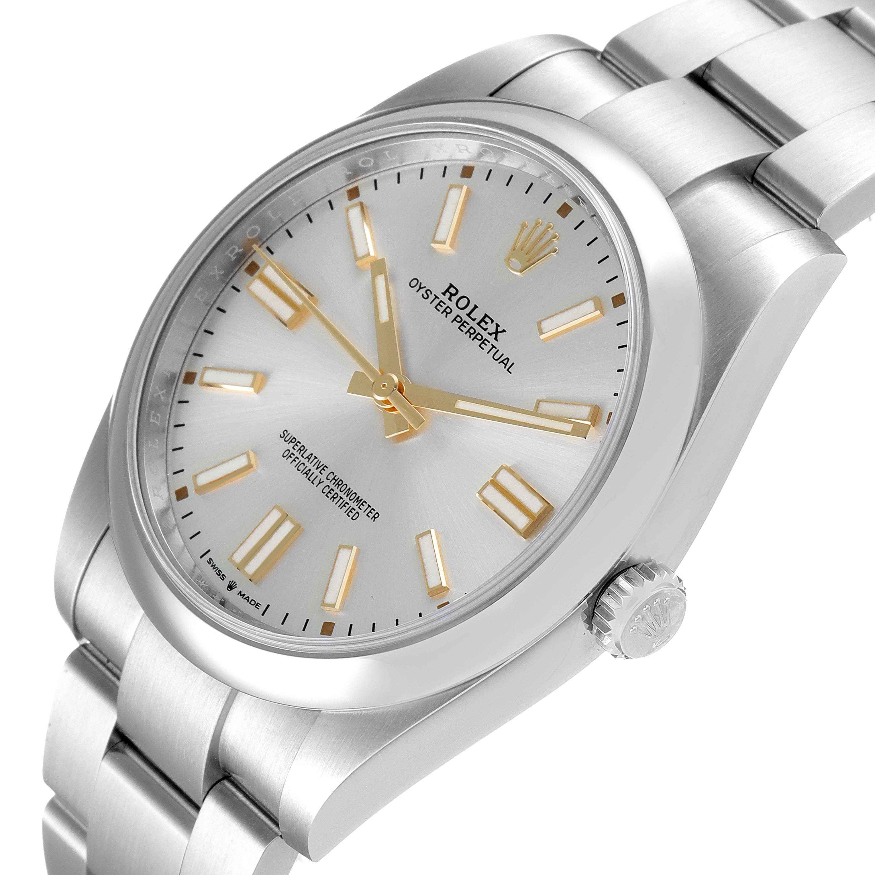 The image shows a close-up angled view of a Rolex Oyster Perpetual 124300 Men's Stainless Steel Silver Dial 124300 Men's Stainless Steel Silver Dial watch, highlighting its dial, hands, crown, and part of the bracelet.