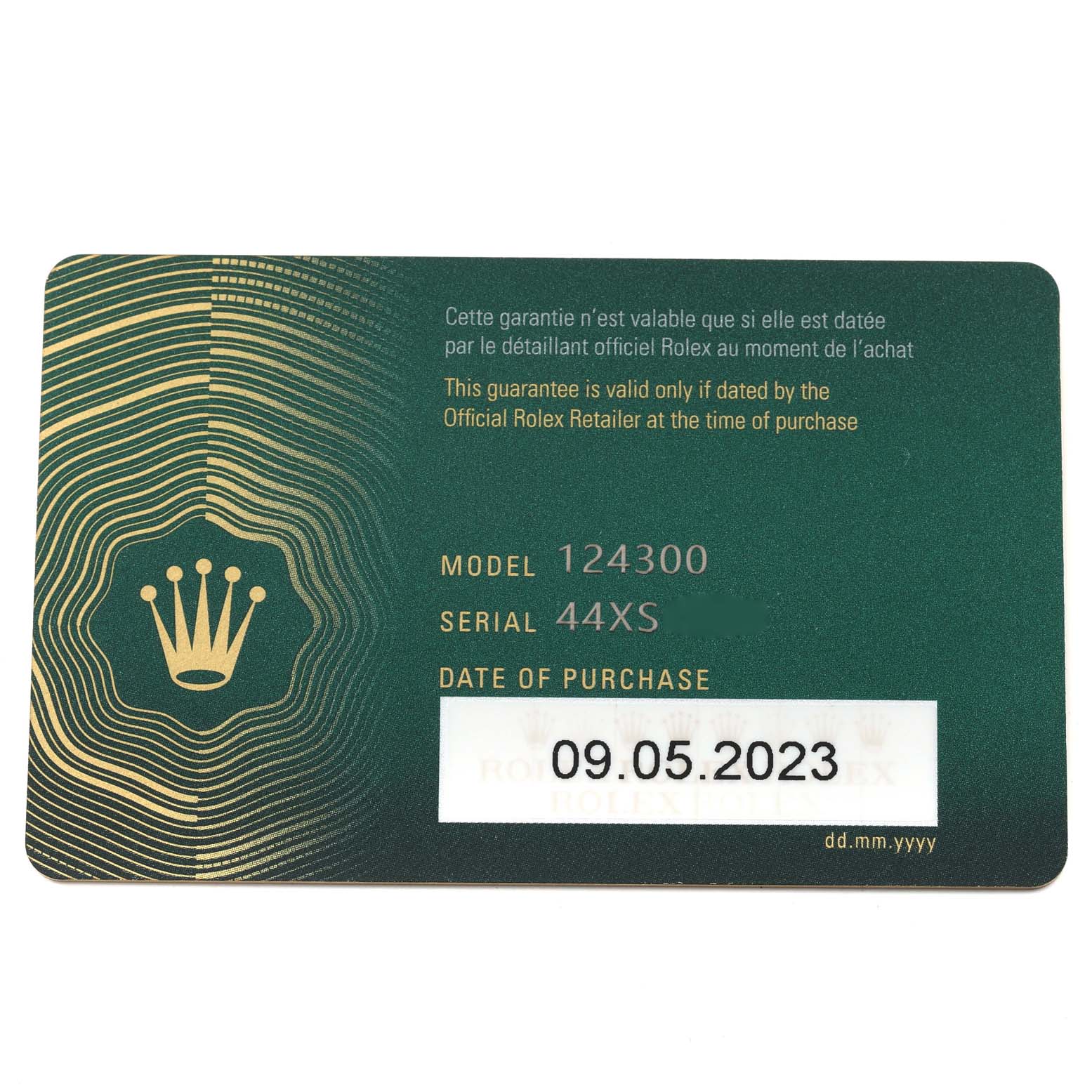 This image shows a warranty card for a Rolex Oyster Perpetual 124300 Men's Stainless Steel Black Dial 124300 Men's Stainless Steel Black Dial model 124300, providing purchase details.