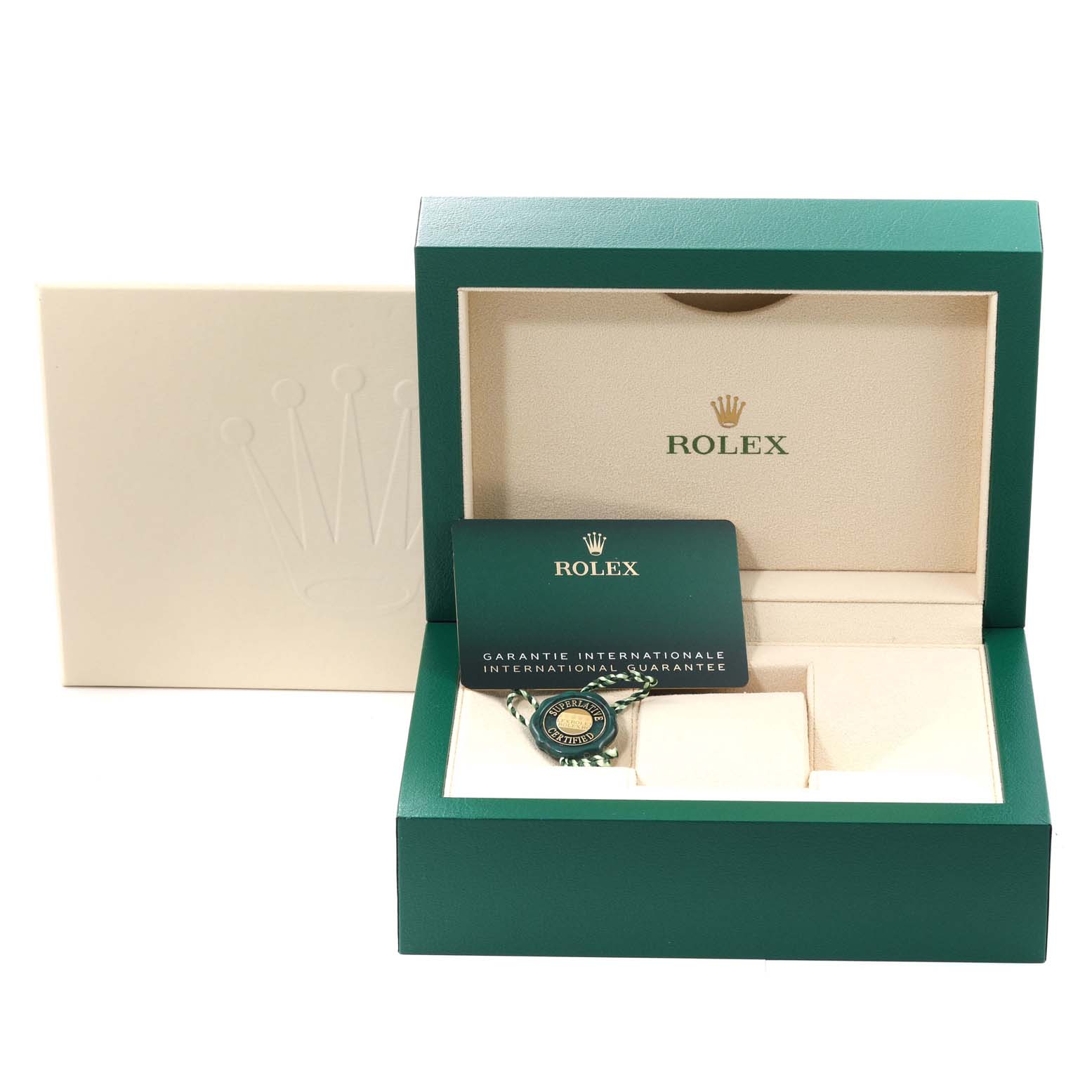 The image shows the packaging, warranty card, and tag for the Rolex Oyster Perpetual 124300 Men's Stainless Steel Black Dial 124300 Men's Stainless Steel Black Dial model.