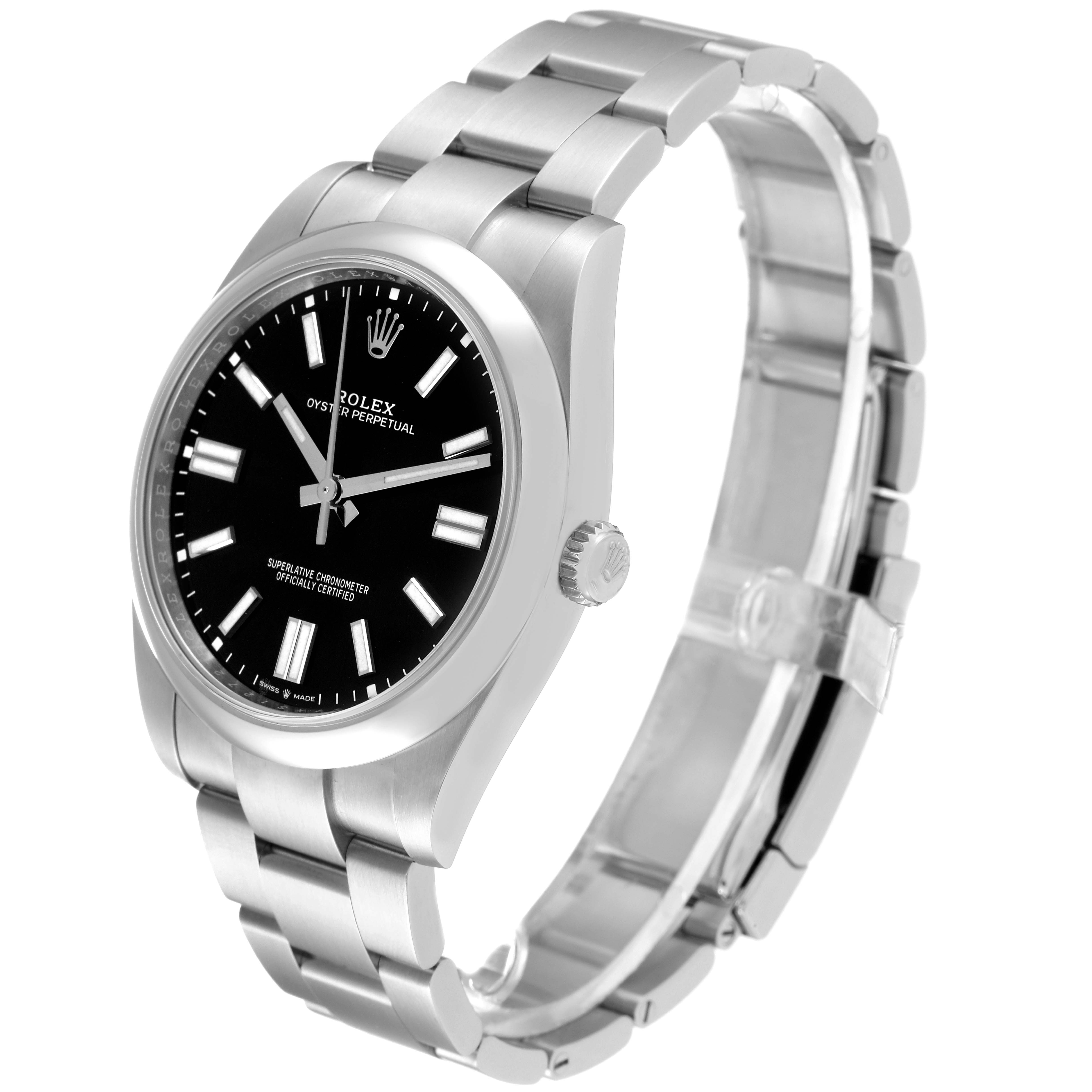 The Rolex Oyster Perpetual 124300 Men's Stainless Steel Black Dial 124300 Men's Stainless Steel Black Dial watch is shown at a three-quarter angle, highlighting the black dial, bracelet, and crown.