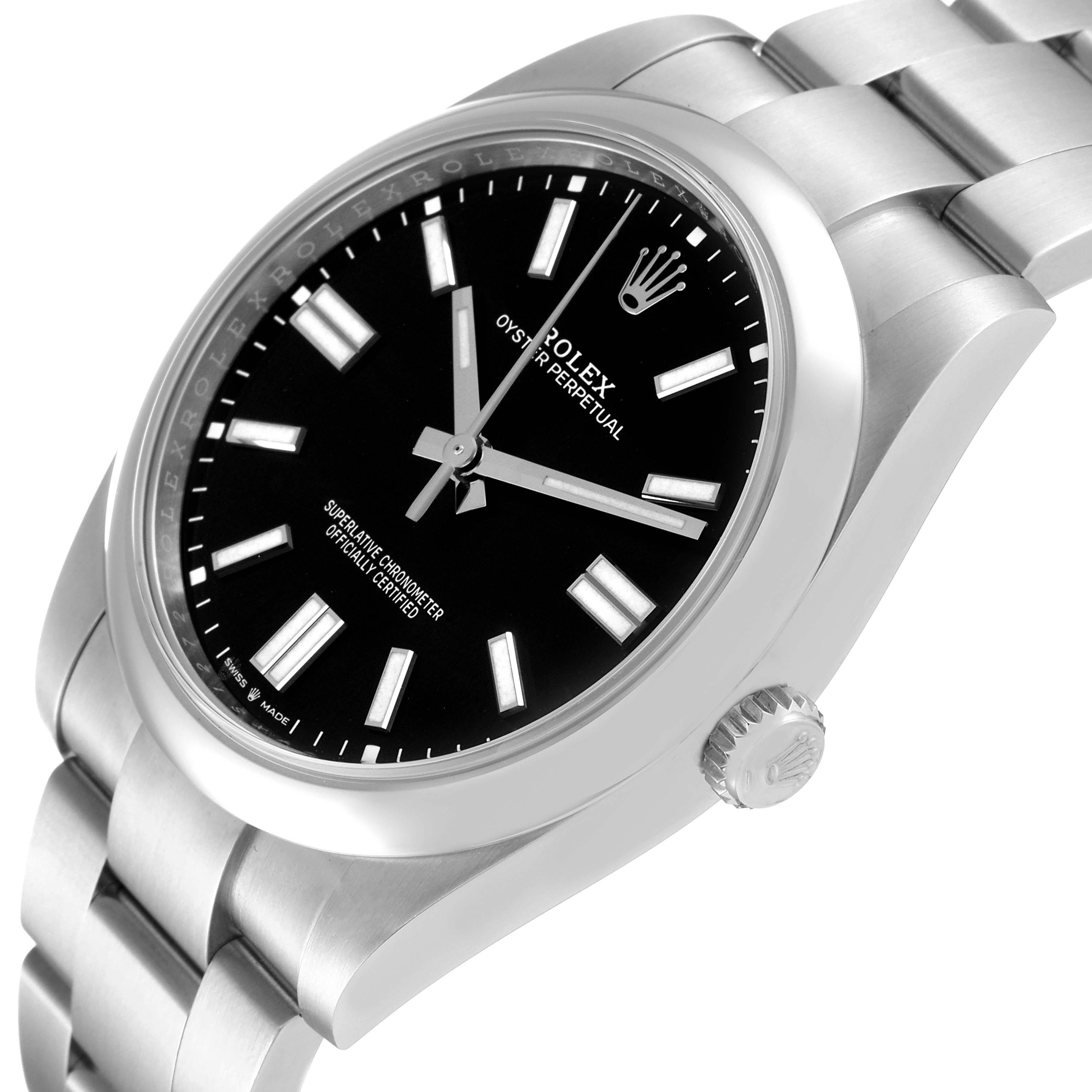 The image shows a Rolex Oyster Perpetual 124300 Men's Stainless Steel Black Dial 124300 Men's Stainless Steel Black Dial watch at an angle, highlighting the dial, crown, and part of the bracelet.