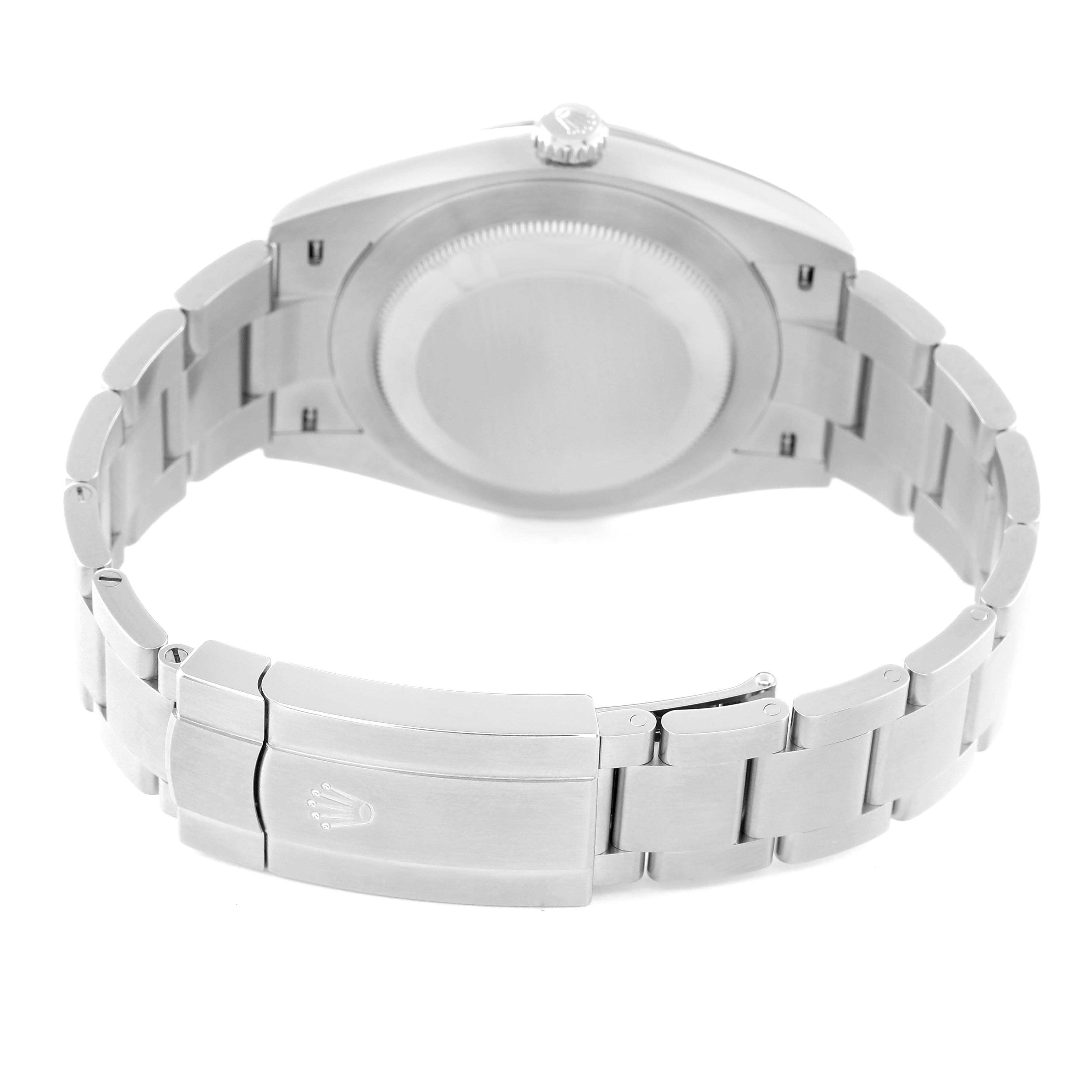 The image shows the back view of a Rolex Oyster Perpetual 124300 Men's Stainless Steel Black Dial 124300 Men's Stainless Steel Black Dial watch, featuring the clasp, bracelet links, and case back.