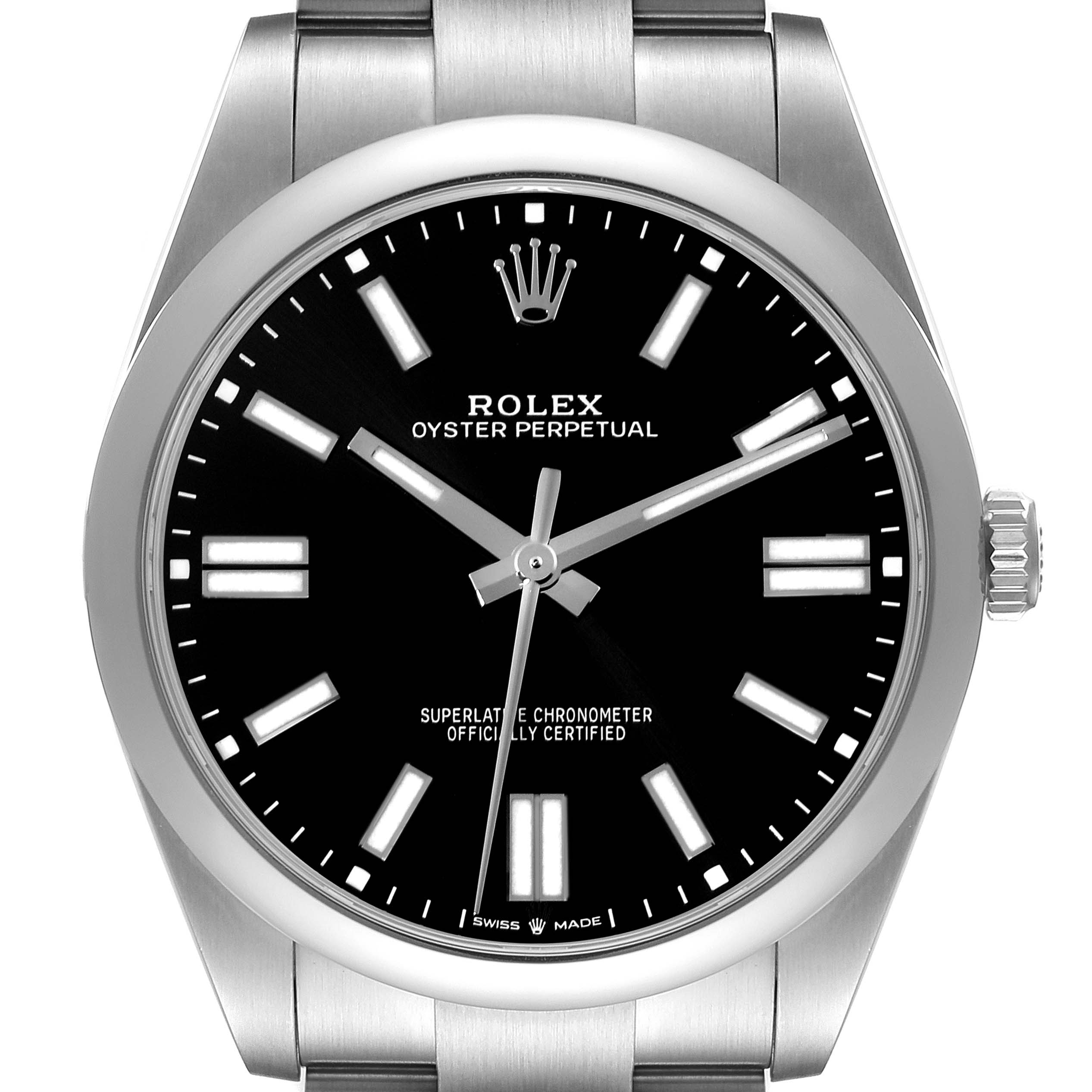 The image shows a front view of the dial and part of the bracelet of the Rolex Oyster Perpetual 124300 Men's Stainless Steel Black Dial 124300 Men's Stainless Steel Black Dial watch.