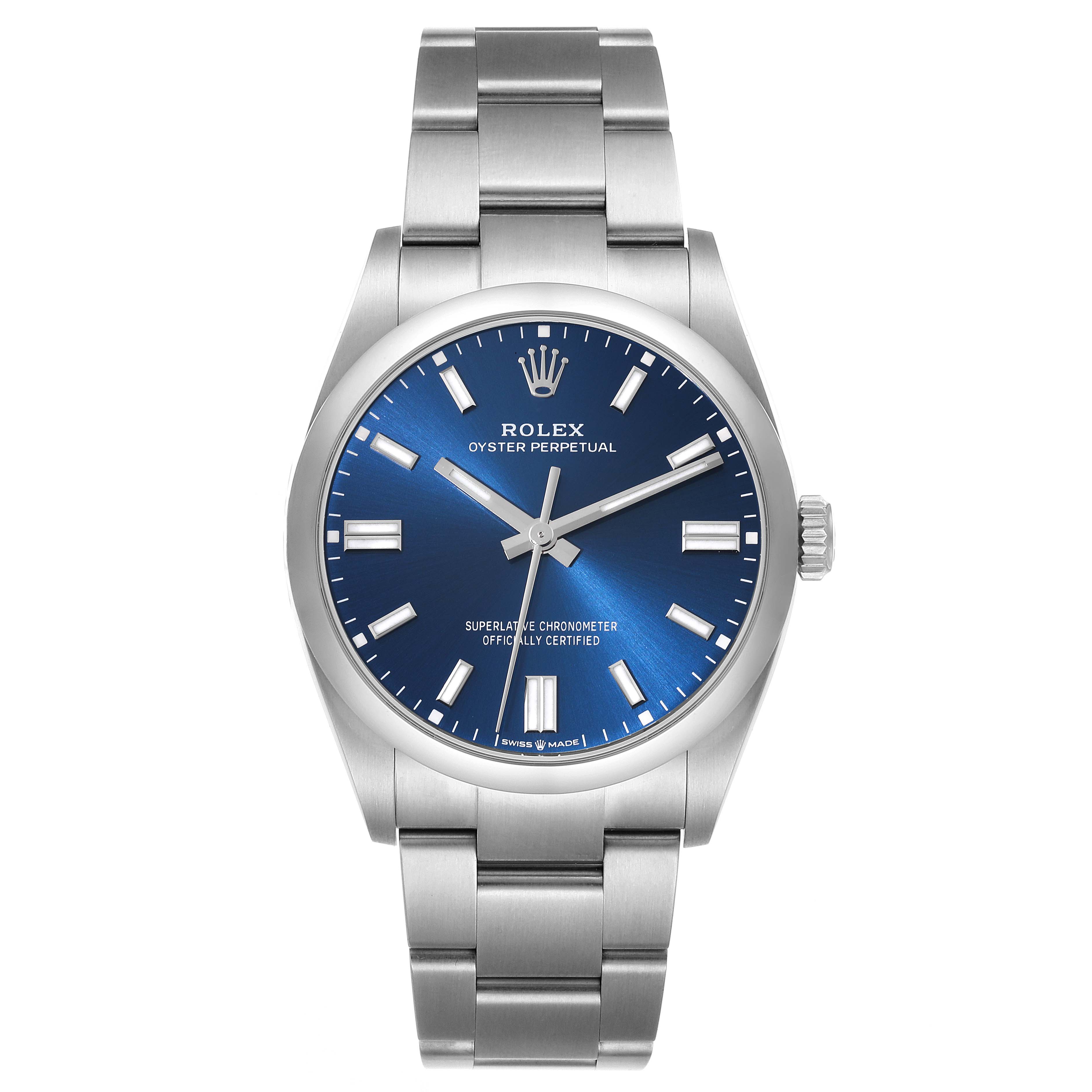 The image shows a frontal view of a Rolex Oyster Perpetual 126000 Men's Stainless Steel Blue Dial 126000 Men's Stainless Steel Blue Dial watch, displaying its blue dial, hour markers, hands, and stainless steel bracelet.