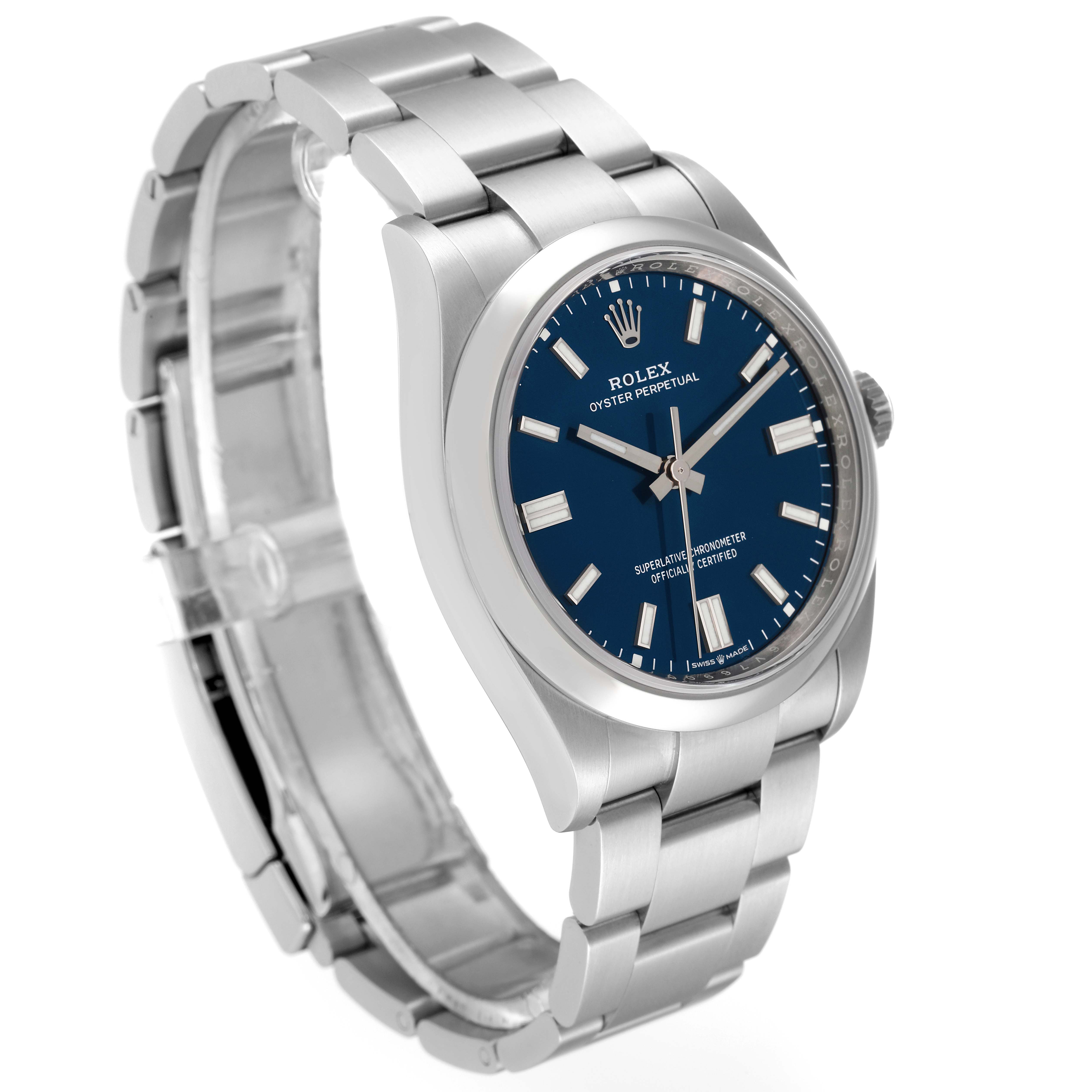 This image shows a Rolex Oyster Perpetual 126000 Men's Stainless Steel Blue Dial 126000 Men's Stainless Steel Blue Dial watch at an oblique angle displaying its blue dial and stainless steel bracelet.