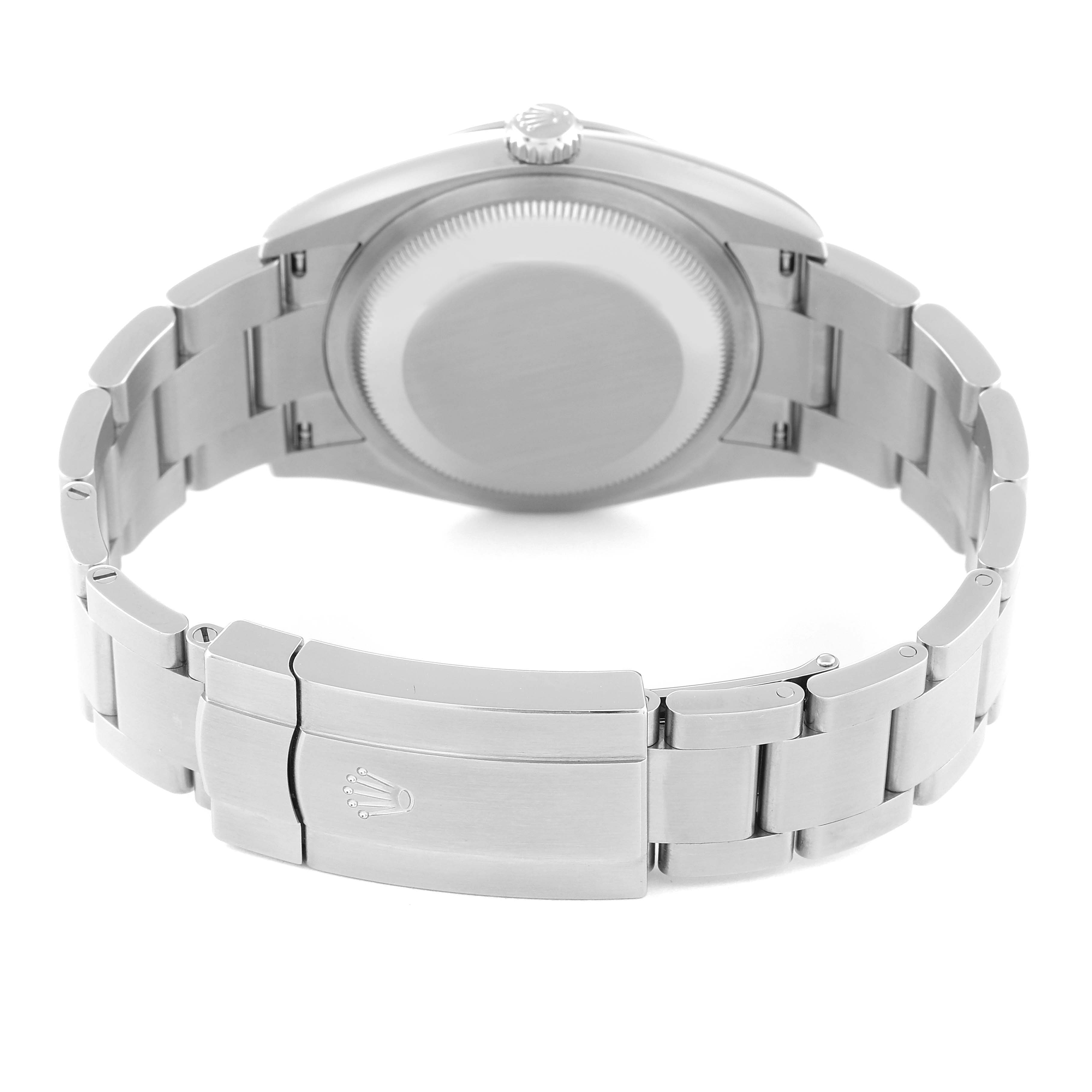 The image shows the back case and bracelet of the Rolex Oyster Perpetual 126000 Men's Stainless Steel Blue Dial 126000 Men's Stainless Steel Blue Dial watch from a rear angle.