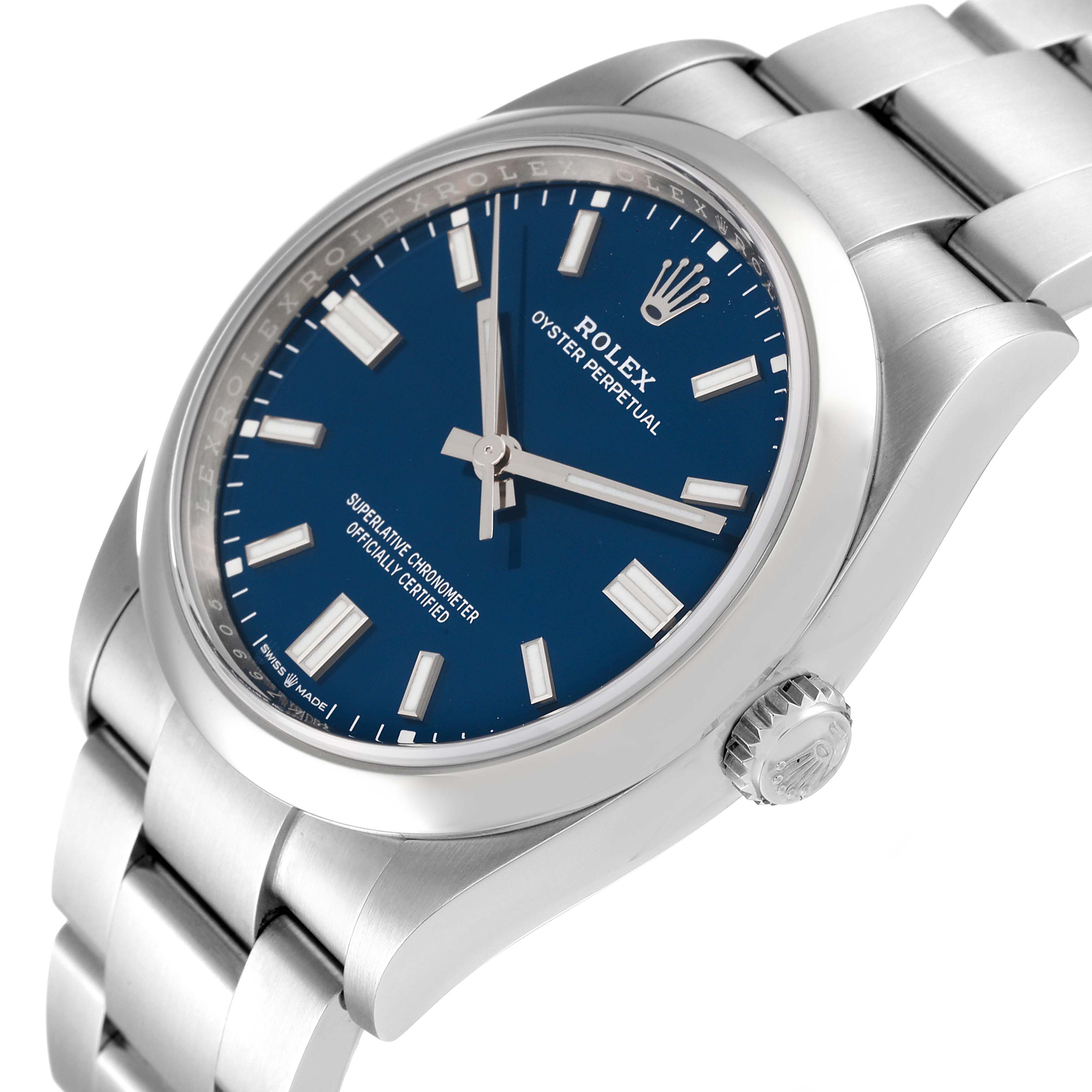 This image shows a close-up, angled view of a Rolex Oyster Perpetual 126000 Men's Stainless Steel Blue Dial 126000 Men's Stainless Steel Blue Dial watch, displaying its dial, bracelet, and crown.