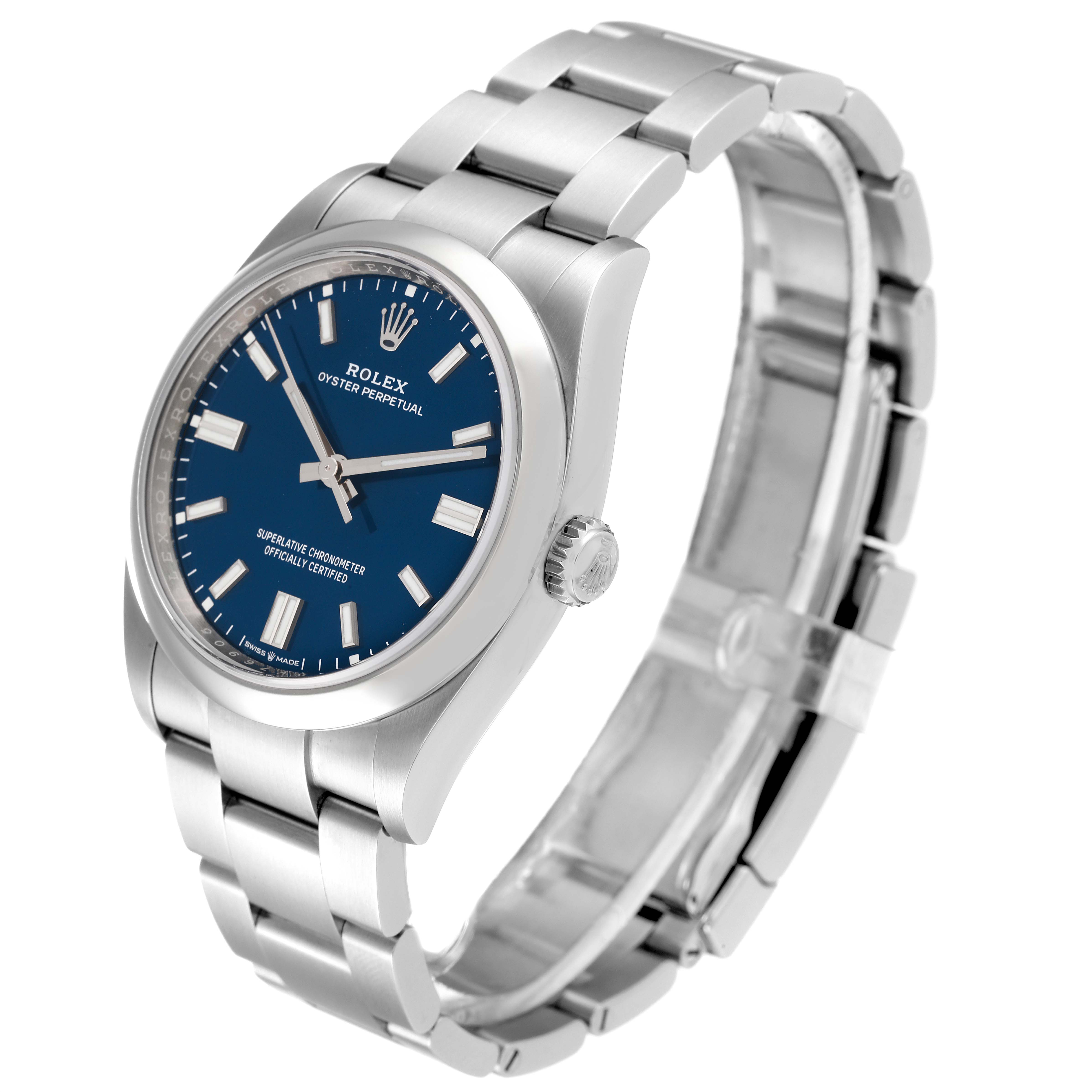 This image shows a Rolex Oyster Perpetual 126000 Men's Stainless Steel Blue Dial 126000 Men's Stainless Steel Blue Dial watch with a blue dial, viewed from a three-quarter angle, displaying its face, bracelet, and crown.