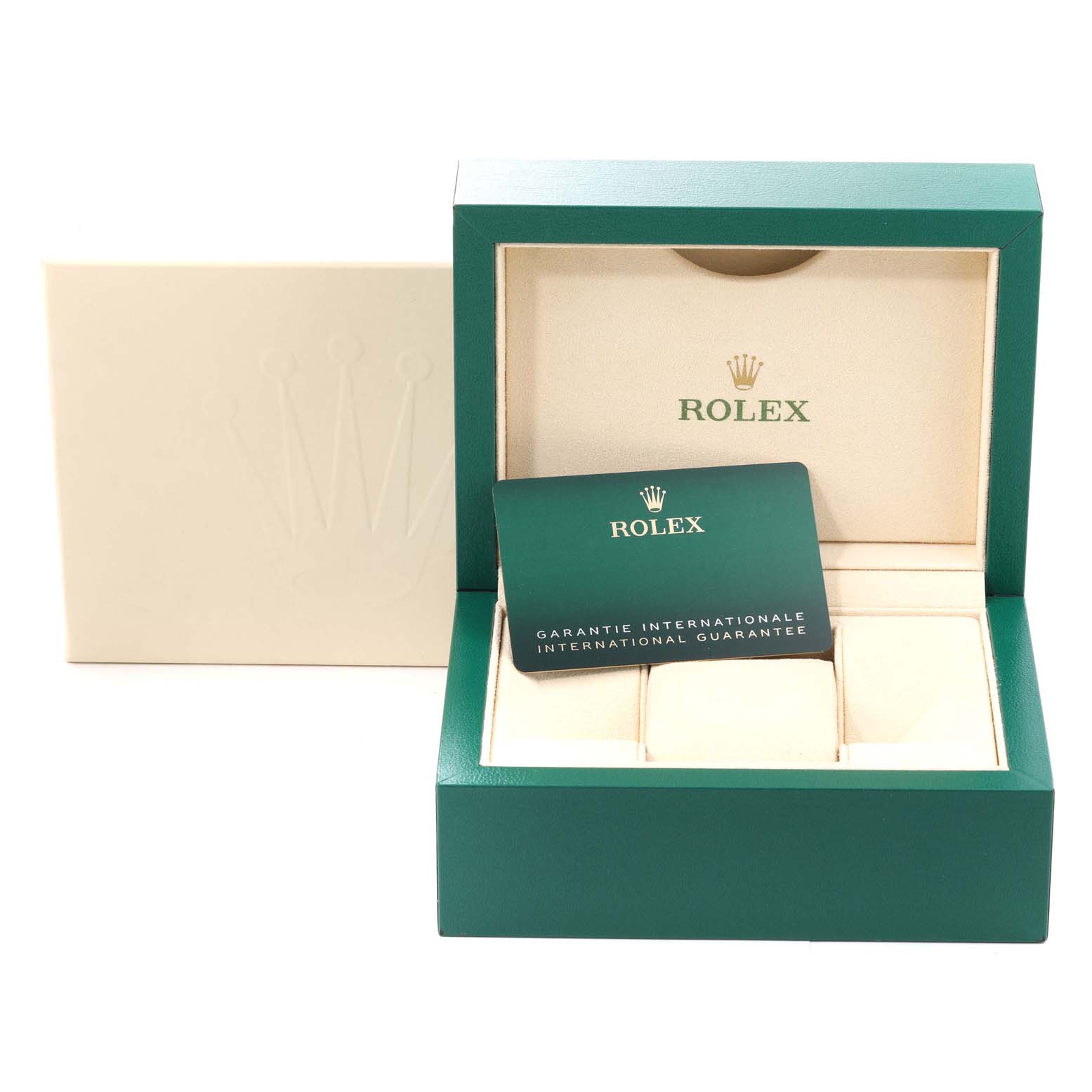 The image shows the open packaging box for a Rolex Oyster Perpetual 126000 Men's Stainless Steel Blue Dial 126000 Men's Stainless Steel Blue Dial watch along with an international guarantee card.