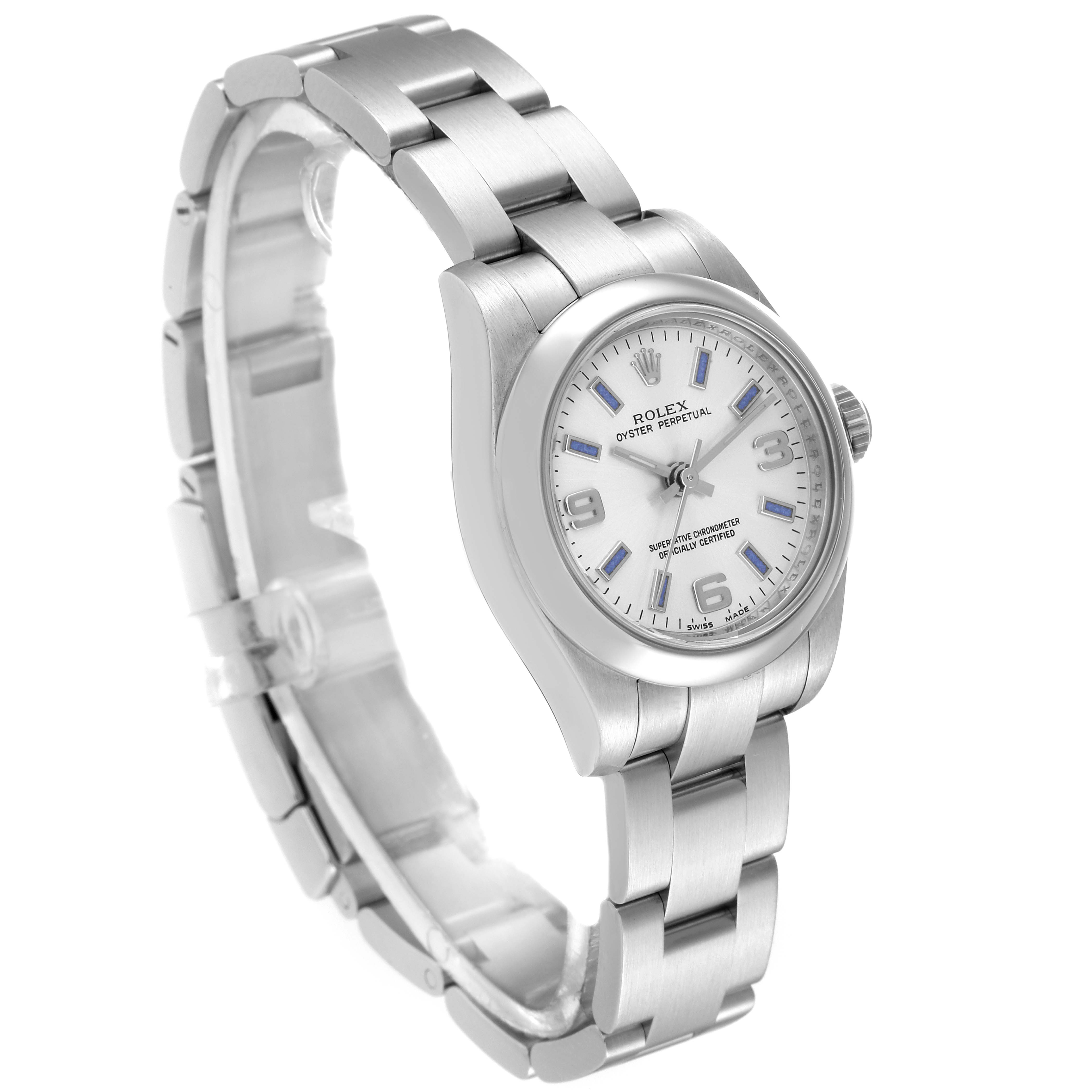The image shows a side and front angle of the Rolex Oyster Perpetual 176200 Women's Stainless Steel Silver Dial 176200 Women's Stainless Steel Silver Dial watch, highlighting its bracelet and face.