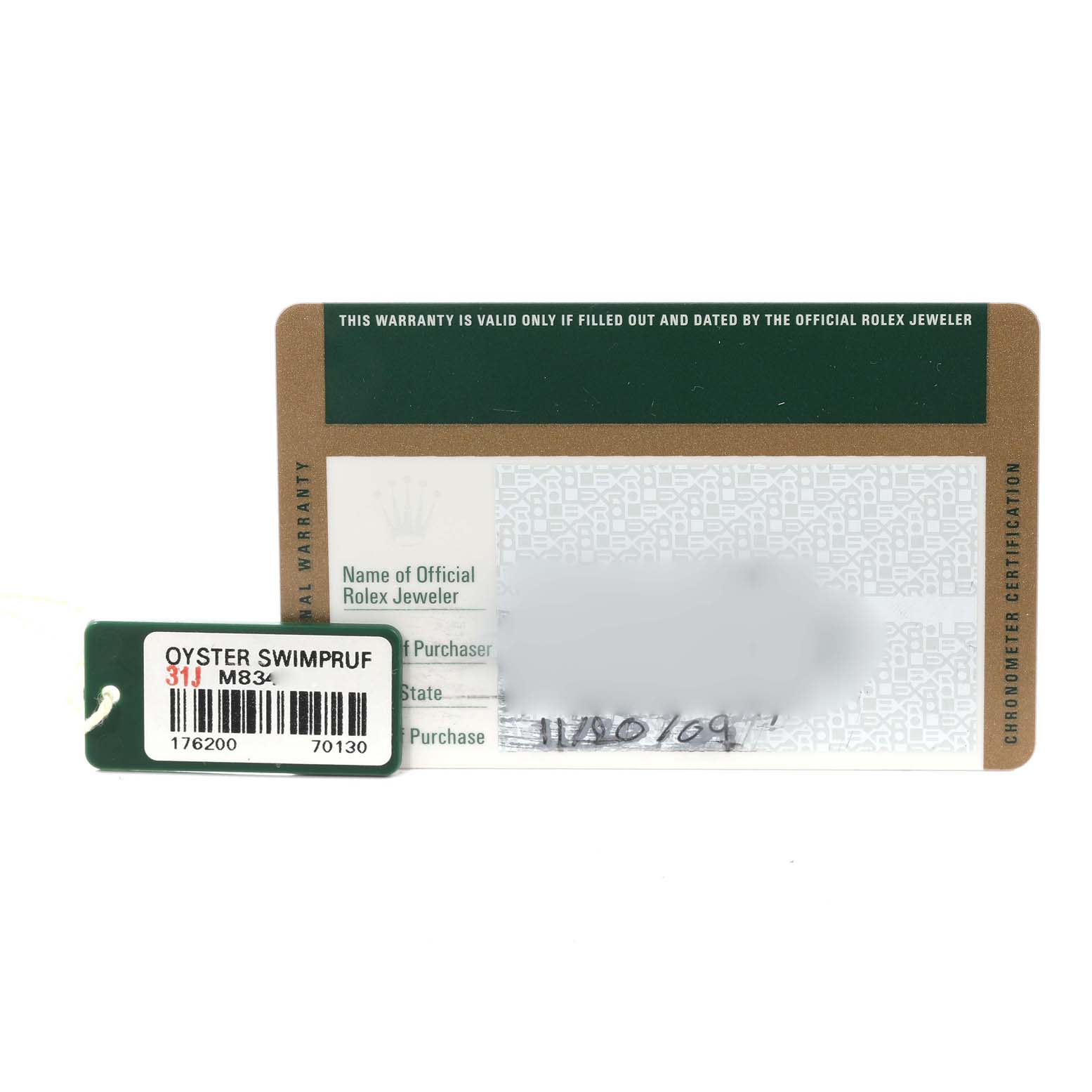 The image shows a warranty card and a tag for the Rolex Oyster Perpetual 176200 Women's Stainless Steel Silver Dial 176200 Women's Stainless Steel Silver Dial watch model.