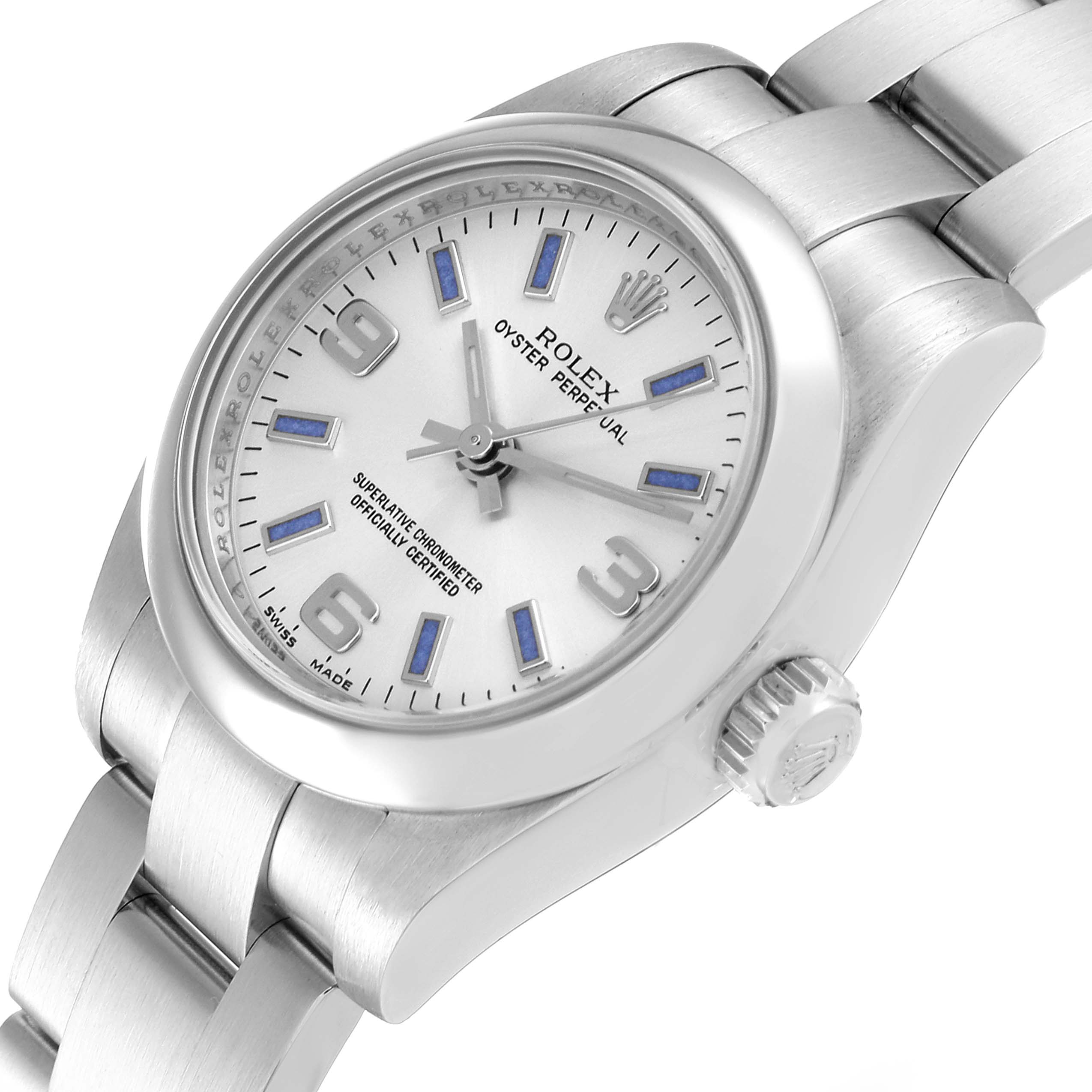 The image shows a Rolex Oyster Perpetual 176200 Women's Stainless Steel Silver Dial 176200 Women's Stainless Steel Silver Dial watch from a three-quarter angle, displaying the dial, crown, and part of the bracelet.