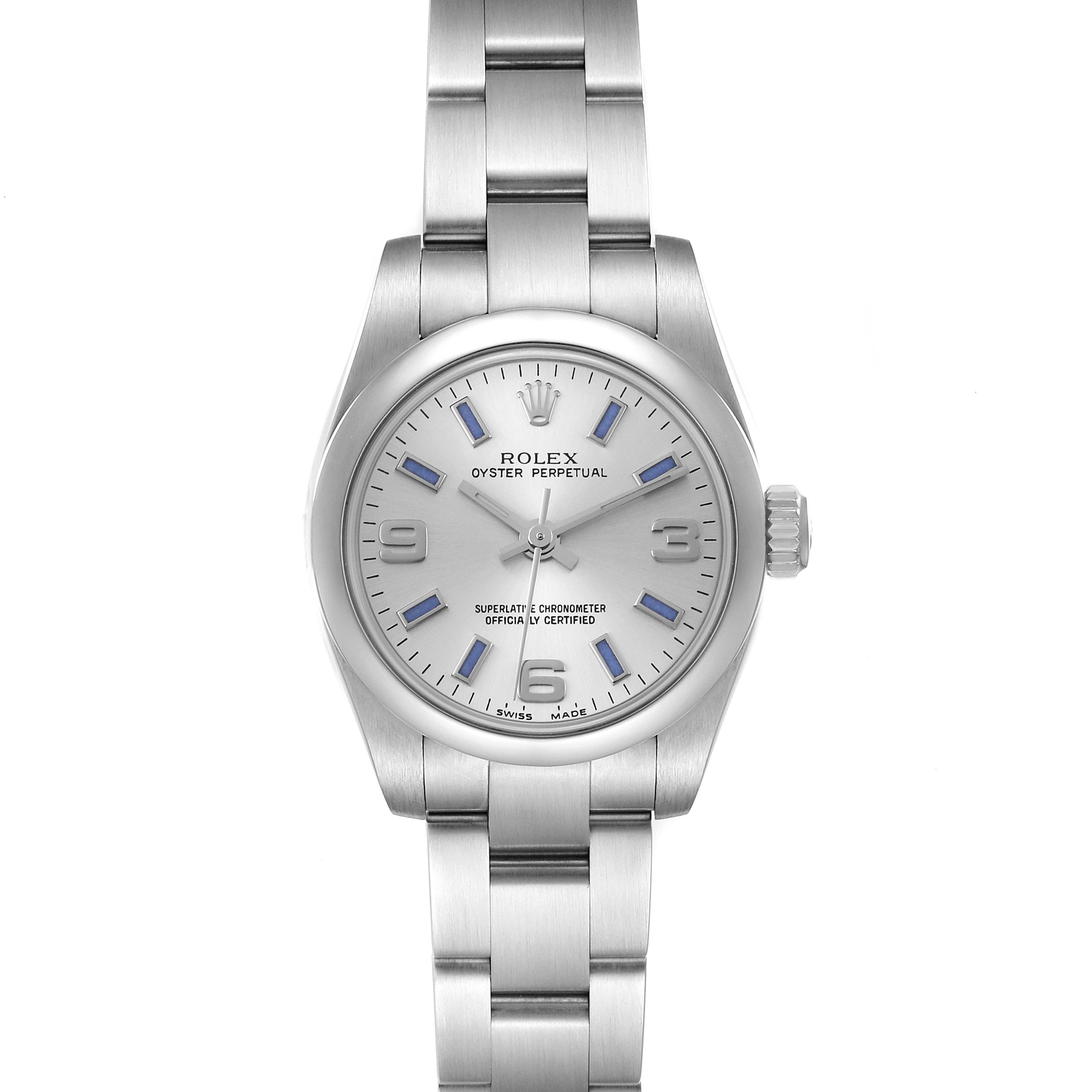 The image shows a front view of the Rolex Oyster Perpetual 176200 Women's Stainless Steel Silver Dial 176200 Women's Stainless Steel Silver Dial watch, displaying its dial, hands, bracelet, and crown.
