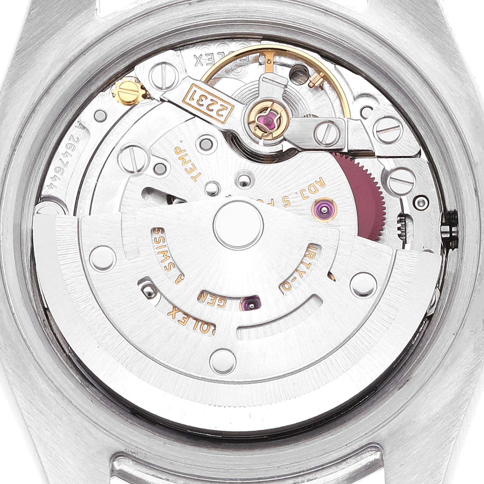 This close-up image shows the movement and internal mechanics of a Rolex Oyster Perpetual 176200 Women's Stainless Steel Silver Dial 176200 Women's Stainless Steel Silver Dial watch.