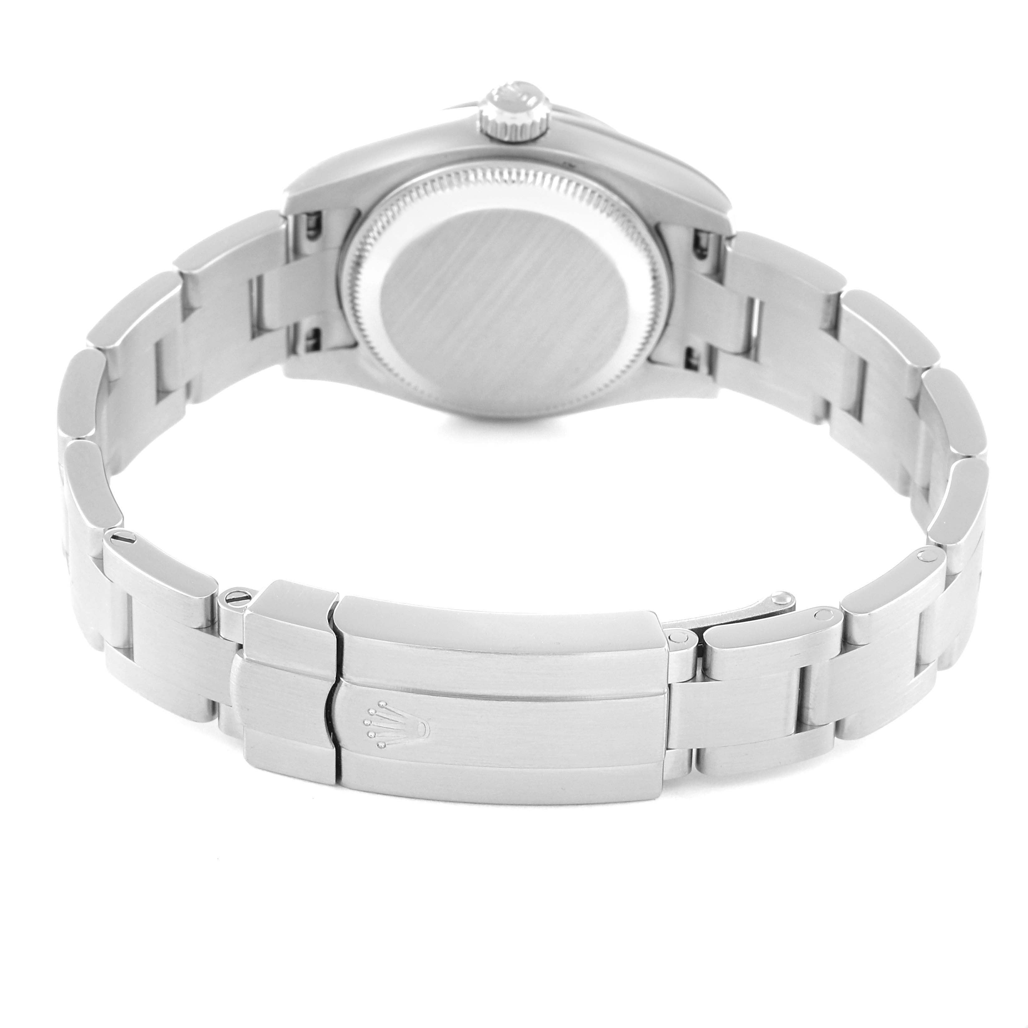 This image shows the back view of a Rolex Oyster Perpetual 176200 Women's Stainless Steel Silver Dial 176200 Women's Stainless Steel Silver Dial watch, highlighting the case back and metal bracelet clasp.
