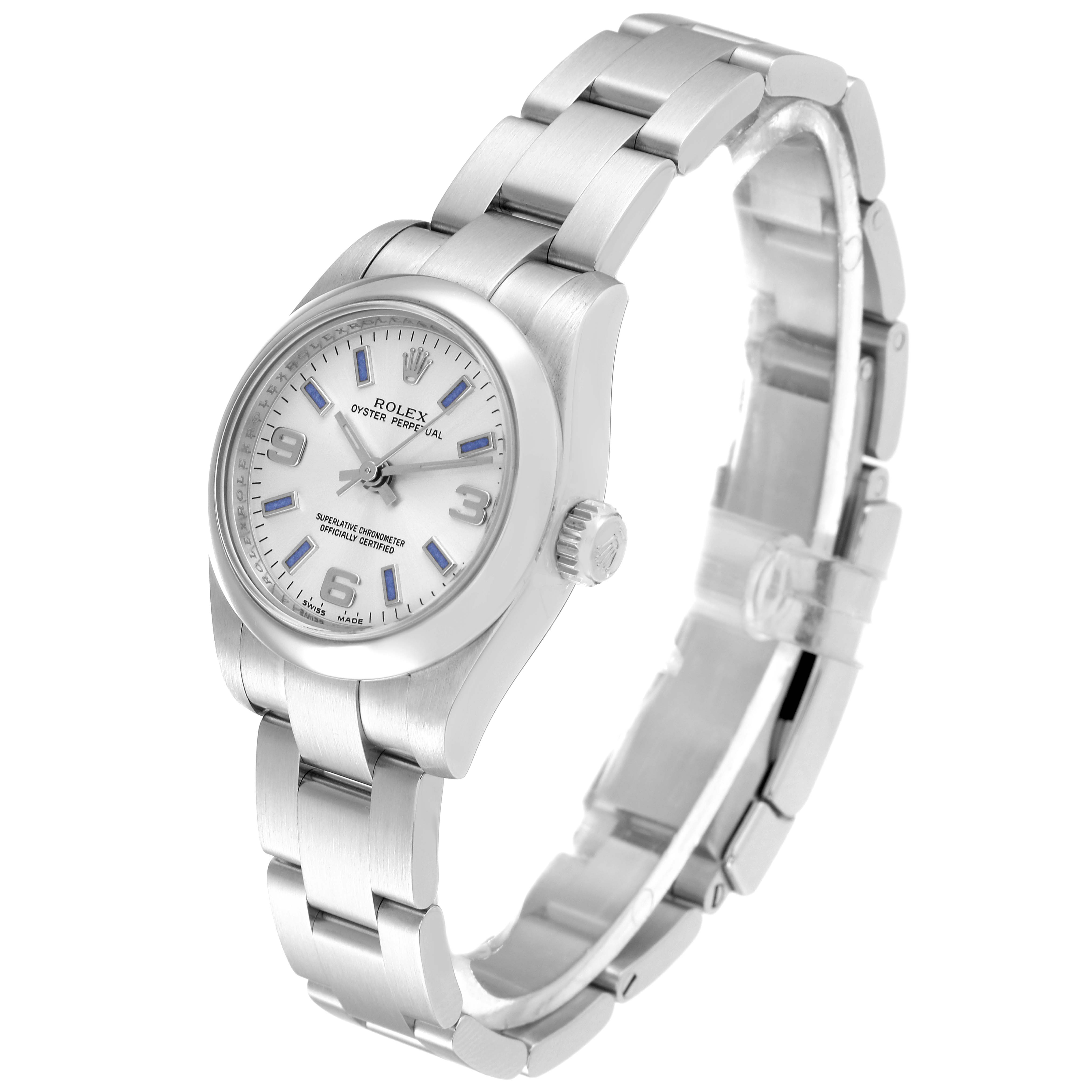 The Rolex Oyster Perpetual 176200 Women's Stainless Steel Silver Dial 176200 Women's Stainless Steel Silver Dial watch is shown from an angled perspective, highlighting the dial, crown, and bracelet.