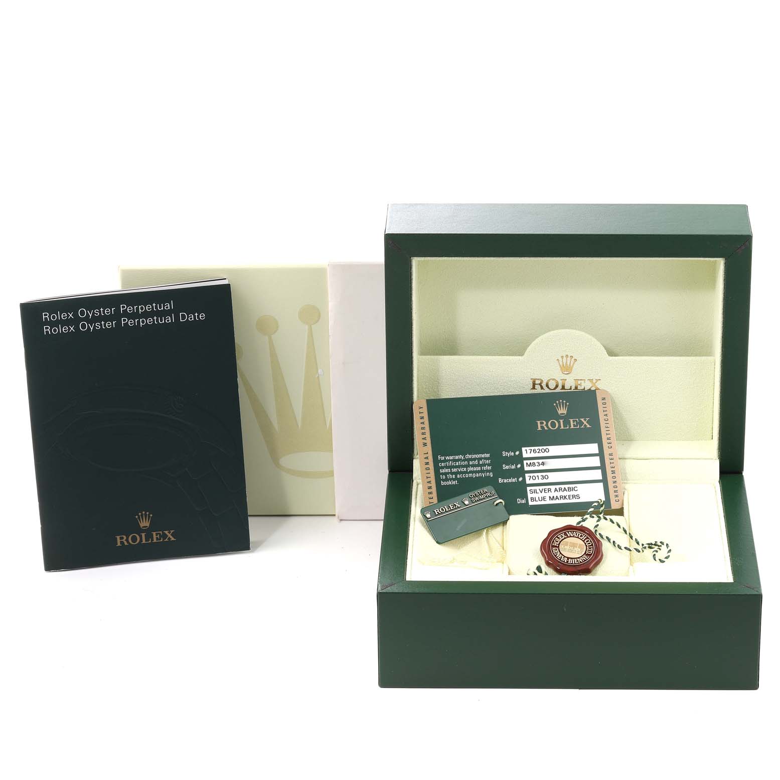 The image shows the packaging, booklet, warranty card, and tags for a Rolex Oyster Perpetual 176200 Women's Stainless Steel Silver Dial 176200 Women's Stainless Steel Silver Dial model, with the inner box open.