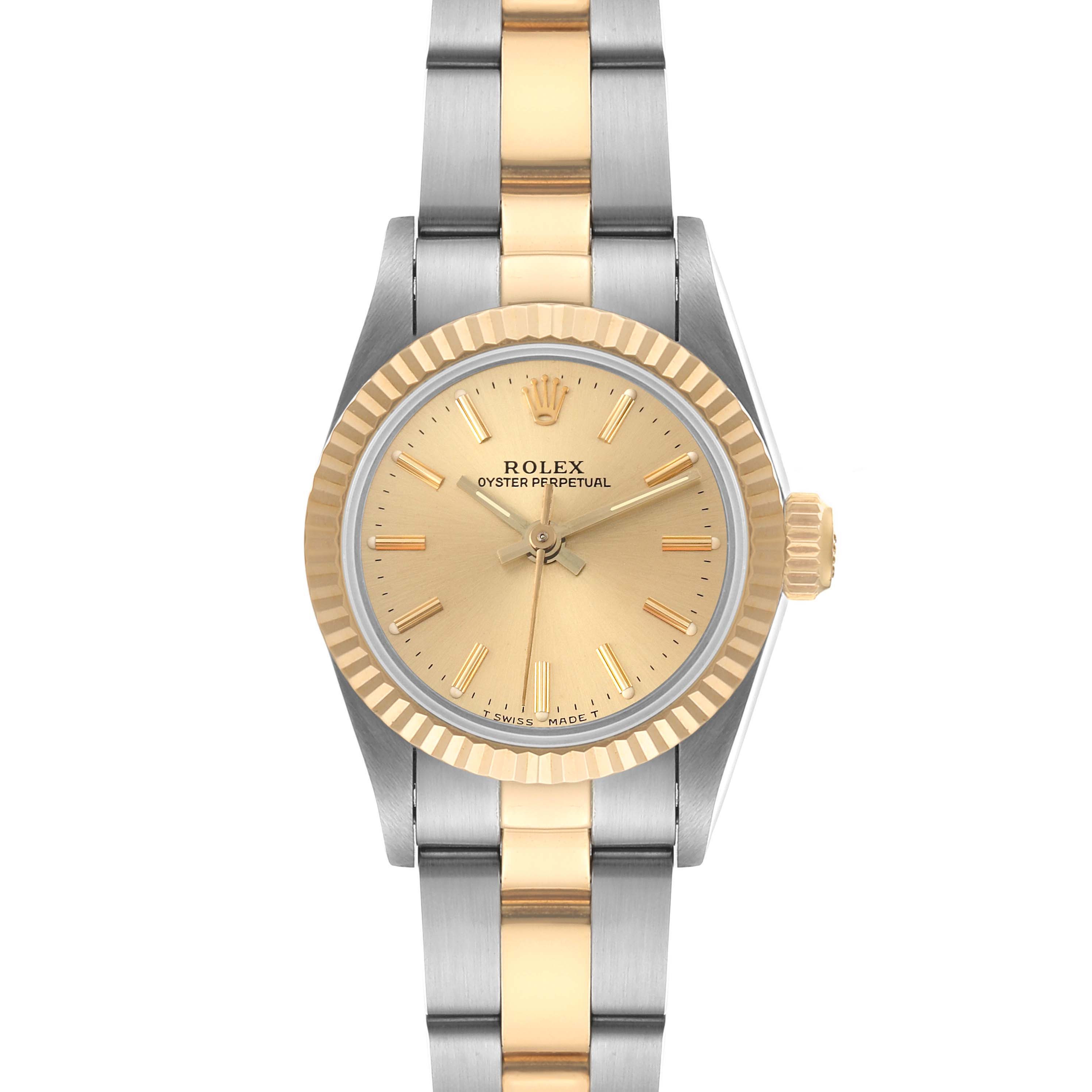 The image shows a direct front view of the Rolex Oyster Perpetual 67193 Women
s Steel and Gold (two tone) Champagne Dial 67193 Women
s Steel and Gold (two tone) Champagne Dial watch, highlighting its dual-tone bracelet and fluted bezel.