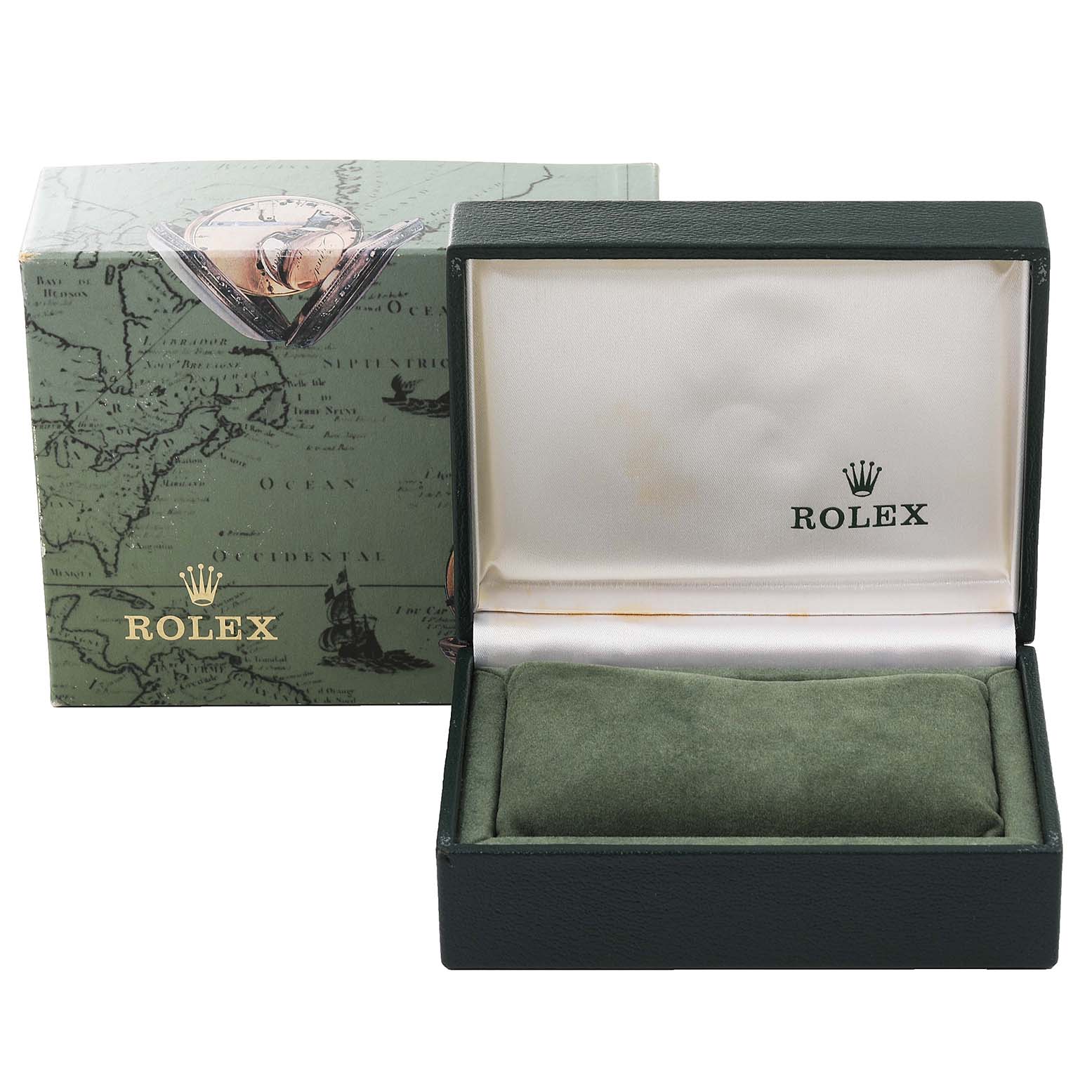 The image shows the open box and outer packaging for a Rolex Oyster Perpetual 67193 Women
s Steel and Gold (two tone) Champagne Dial 67193 Women
s Steel and Gold (two tone) Champagne Dial watch.