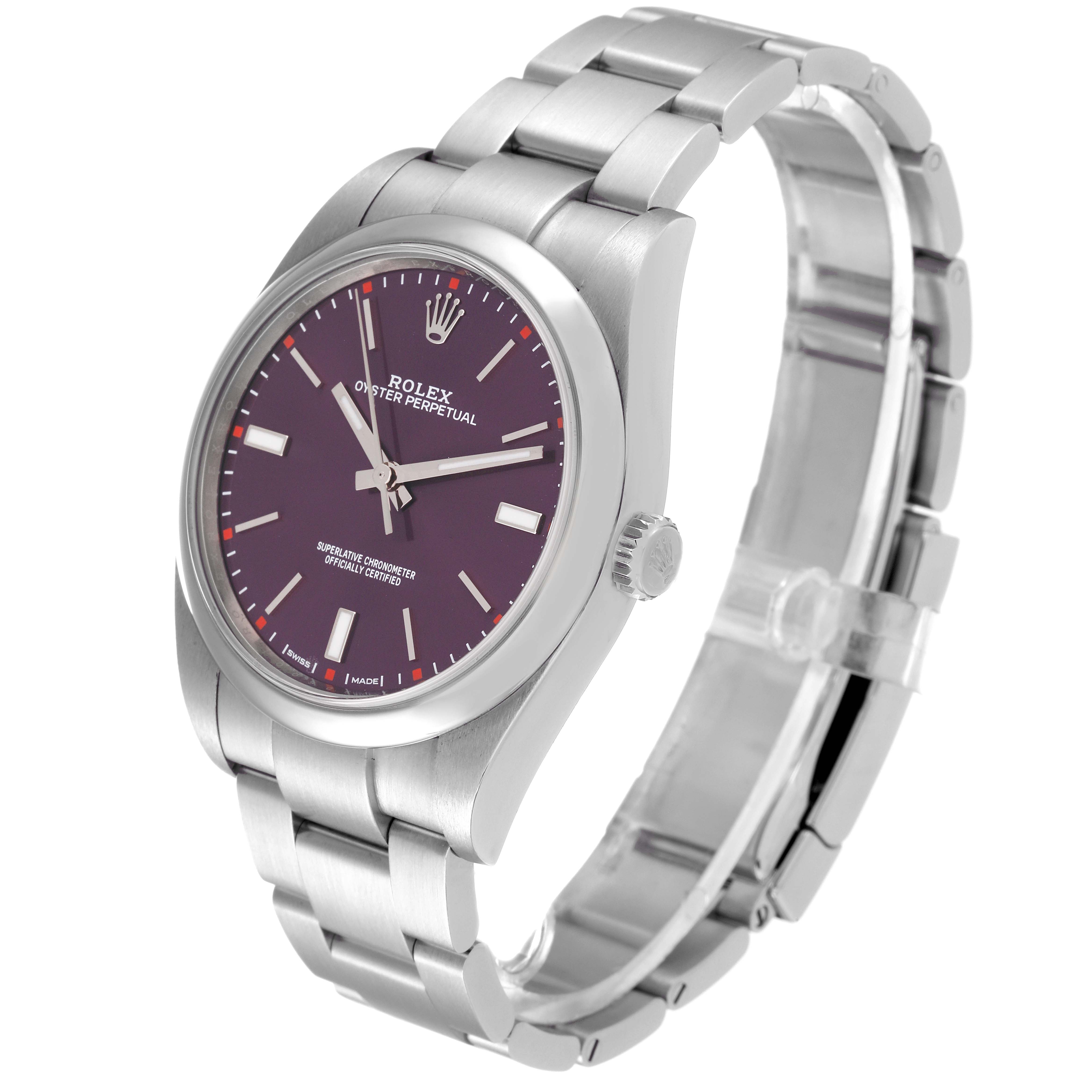 This image shows a side angle view of a Rolex Oyster Perpetual 114300 Men's Stainless Steel Burgundy Dial 114300 Men's Stainless Steel Burgundy Dial watch, displaying the dial, case, bracelet, and crown.